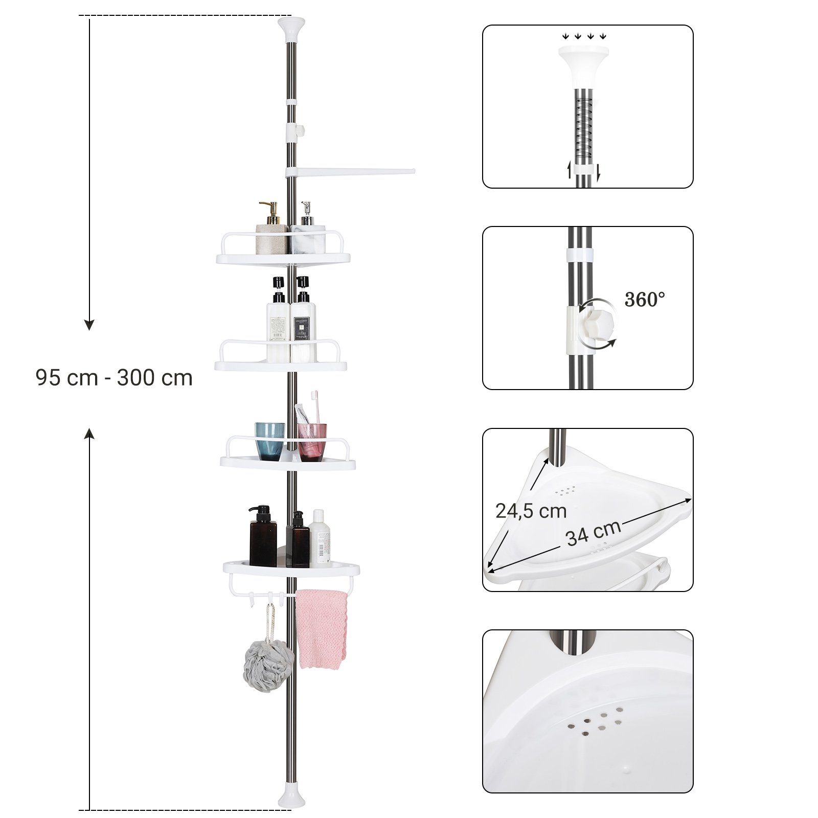 SONGMICS Badregal Duschregal, 95-300 cm, 4 Ablagen, 3 Haken, Eckregal