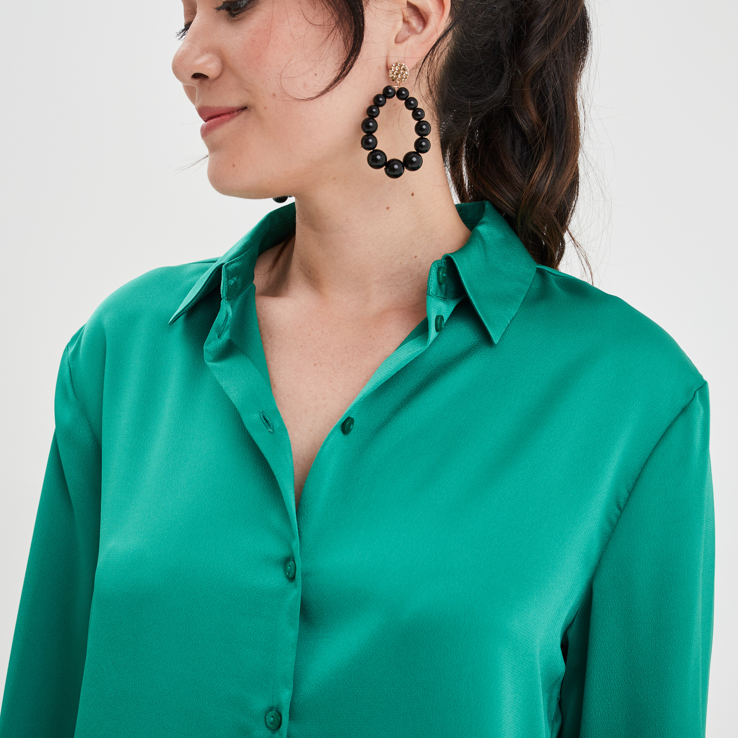 Chemise satin manches longues vert émeraude femme | La Halle