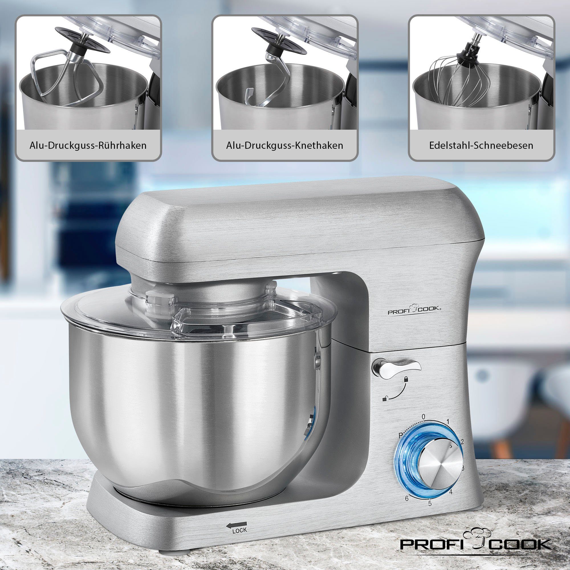 ProfiCook Küchenmaschine PC-KM 1188 alu 6,0L, 1500 W, 6 l Schüssel