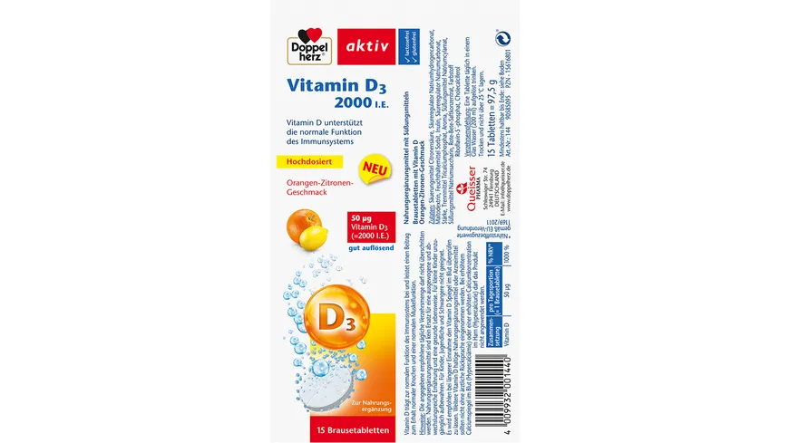 Doppelherz Vitamin D3 2000 I.E. 15 Brausetabletten