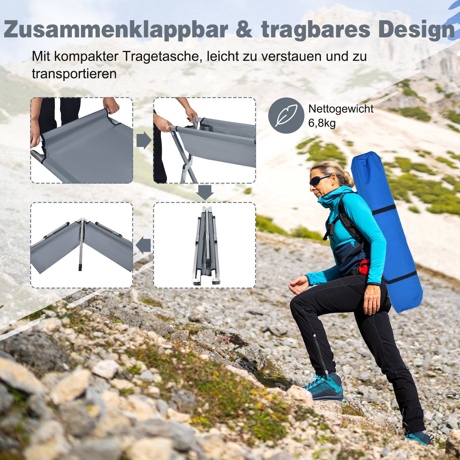 COSTWAY Feldbett Campingbett klappbar, mit Seitentasche, 130kg belastbar