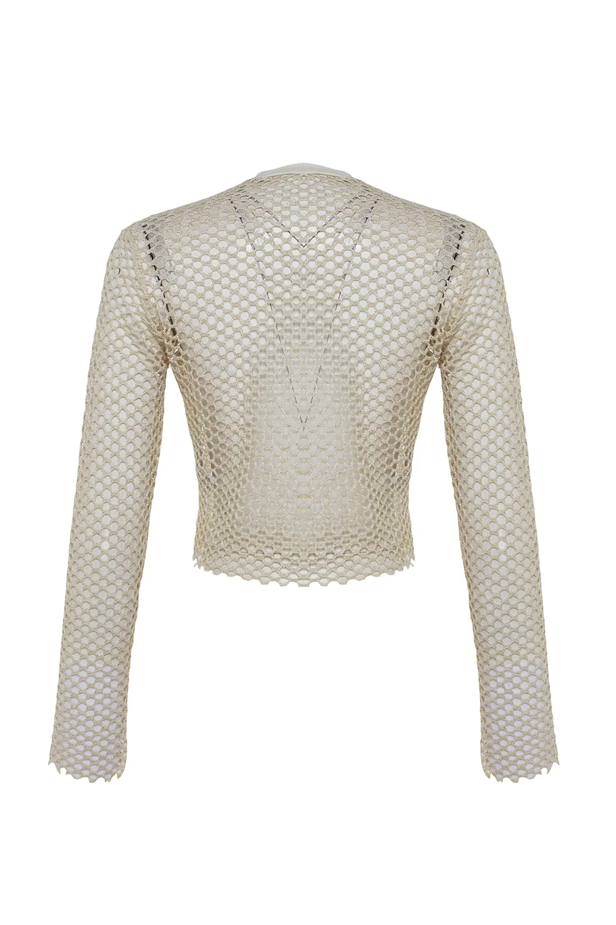 Trendyol Collection  Beigefarbene, locker geschnittene, bauchfreie Strickbluse aus Lurex-Mesh mit Rundhalsausschnitt TWOSS23BZ00523