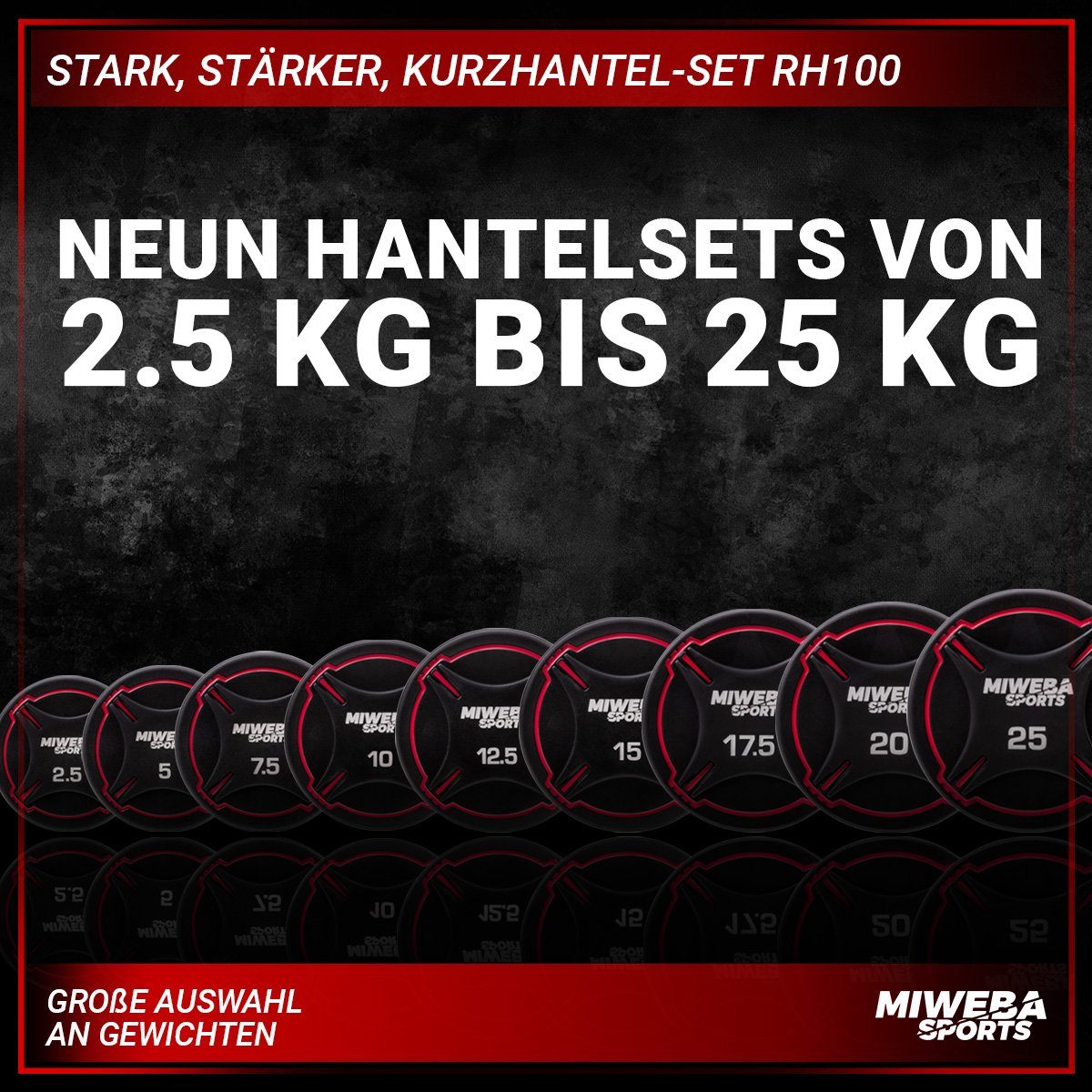 Miweba Sports Kurzhantel Profi Kurzhantel Set RH100 - 9 Gewichtsklassen, (2er-Set, 2,5-25 kg, Stahl, kreuzgerändelter Griff, bodenschonend, Kurzhantelset, Krafttraining, Muskelaufbau, Workout, Training, Sport, Ganzkörpertraining), Fitness Hantel Kurz
