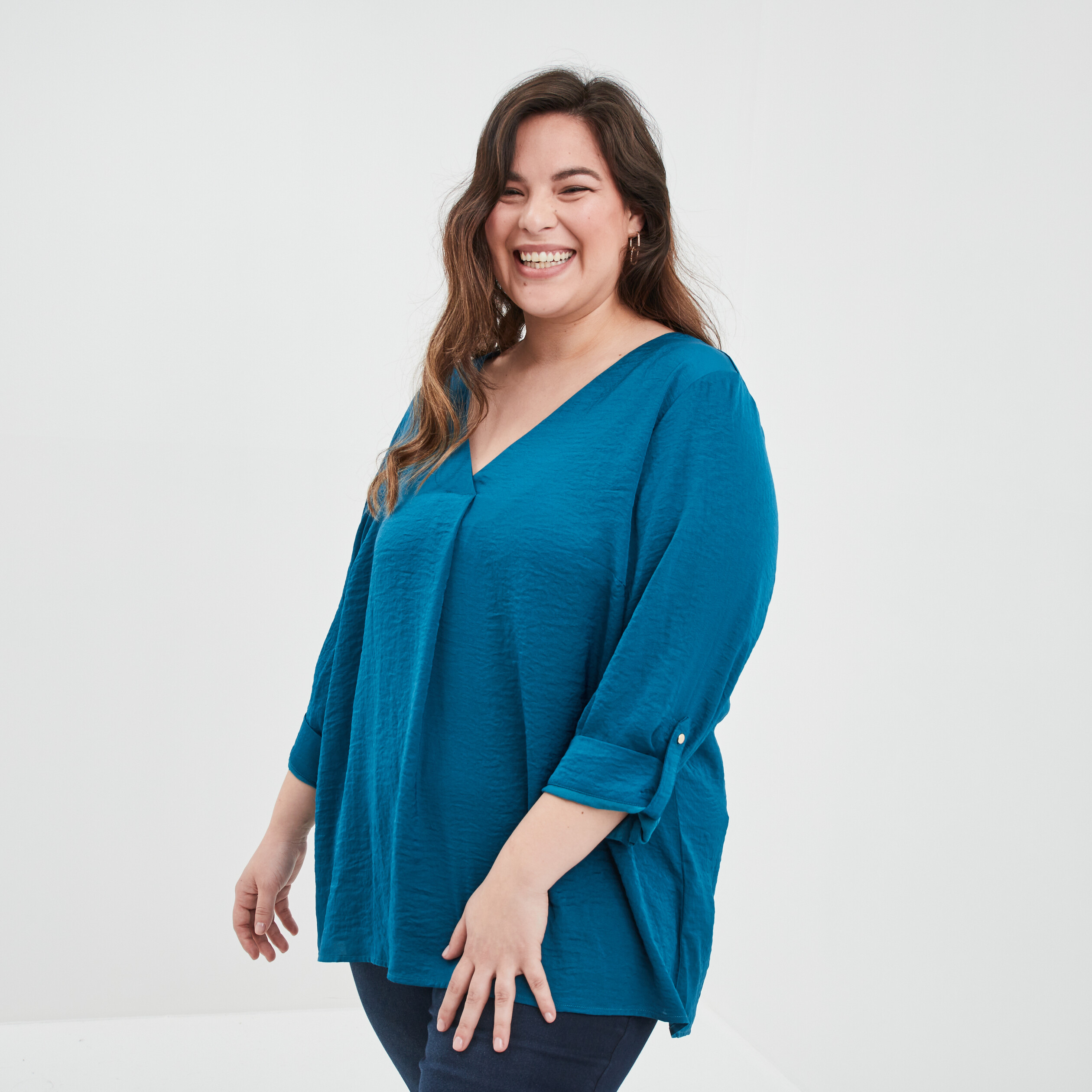 Blouse satin col V manches 3 4 bleu canard femme grande taille | La Halle