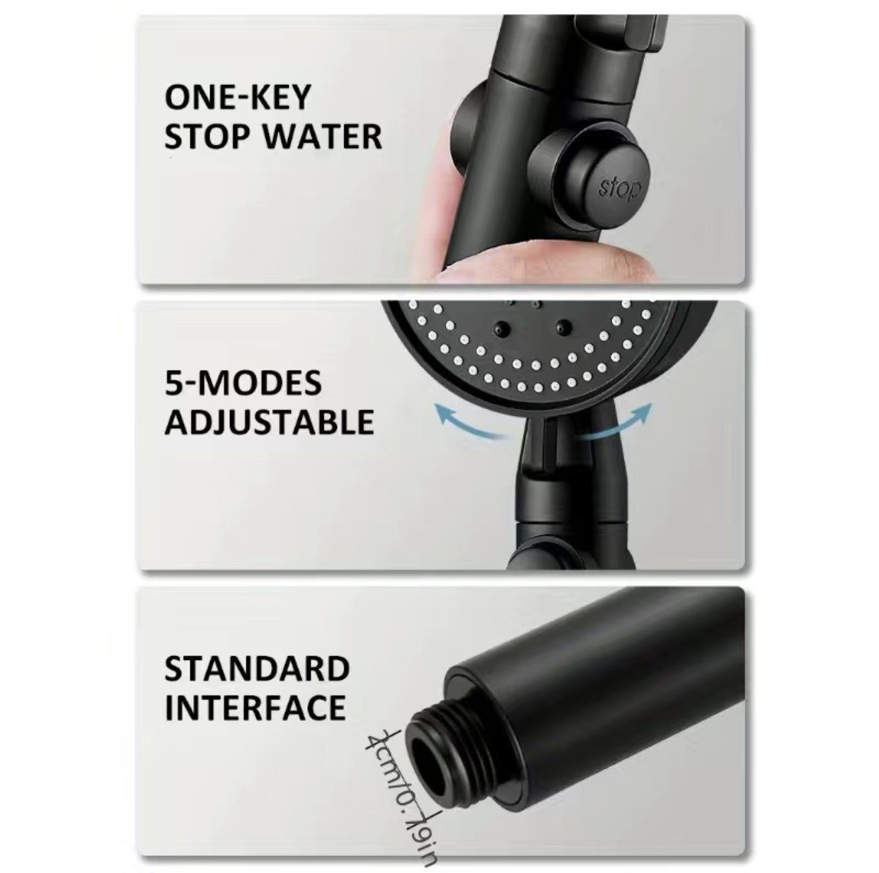 DENU-Home Handbrause 5-Hochdruck-Strahlarten Duschbrause Handbrause Bad Schwarz, wassersparend, mit 5 Strahlarten