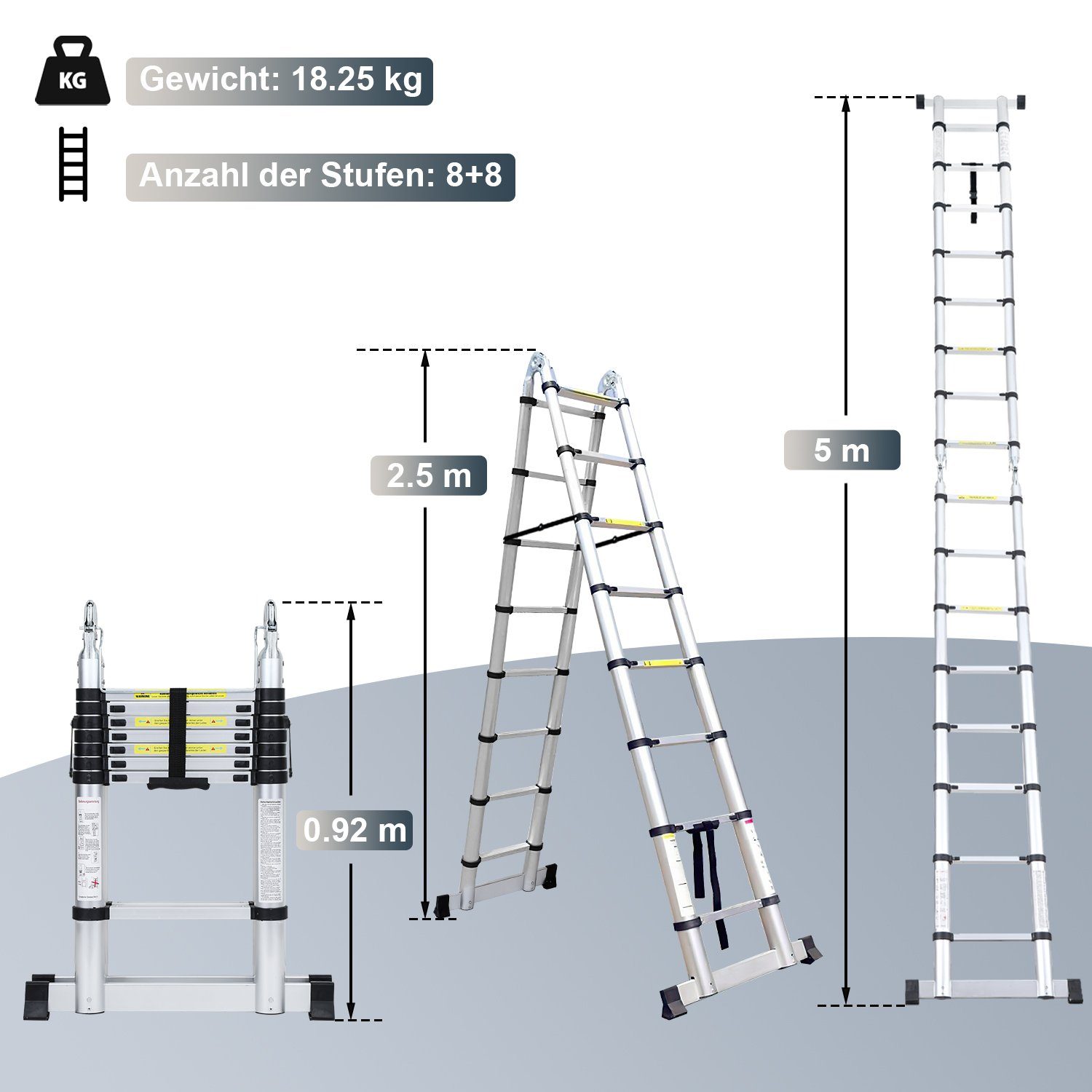 TolleTour Teleskopleiter Teleskopleiter Alu 2.5+2.5m mit Stabilisator Rädern Anlegeleiter