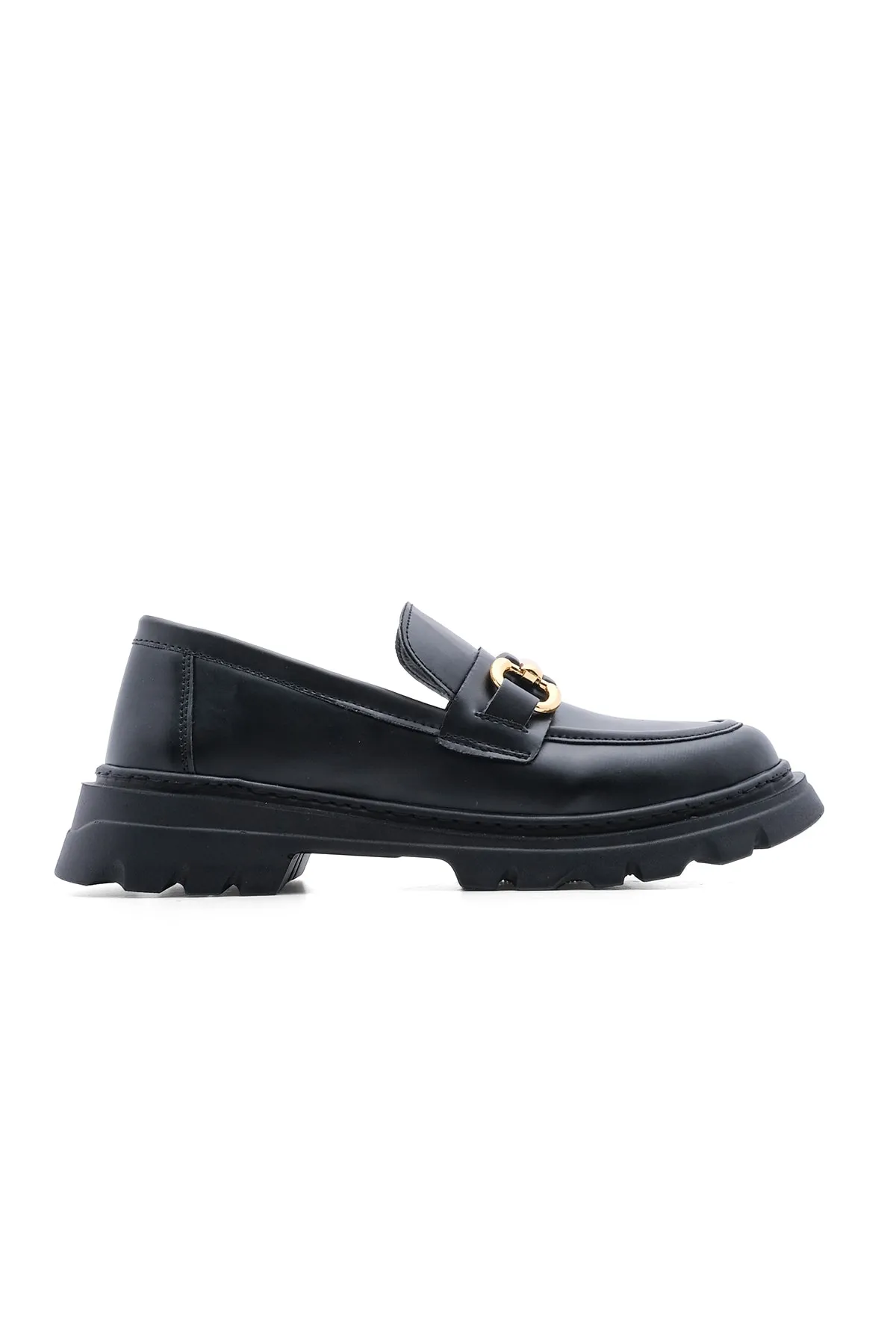 Marjin  Damen Loafer Dicke Sohle Kette Freizeitschuhe Yones Schwarz