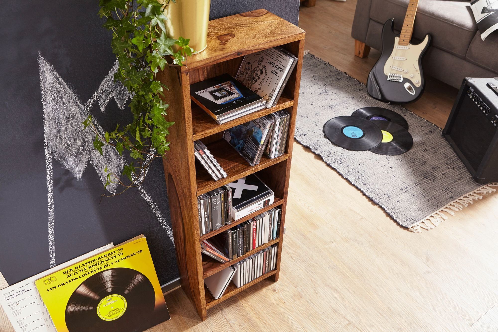 Wohnling CD-Regal WL1.763, Sheesham Massivholz 90 cm, Standregal für CDs, CD-Aufbewahrung 5 Fächer, Bücherregal Landhausstil
