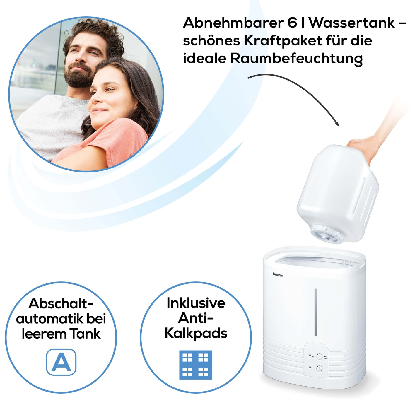 Beurer Luftbefeuchter LB 55-Luftbefeuchter mit abnehmbarem 6 l Wassertank & Kalkpads bis 50 m²