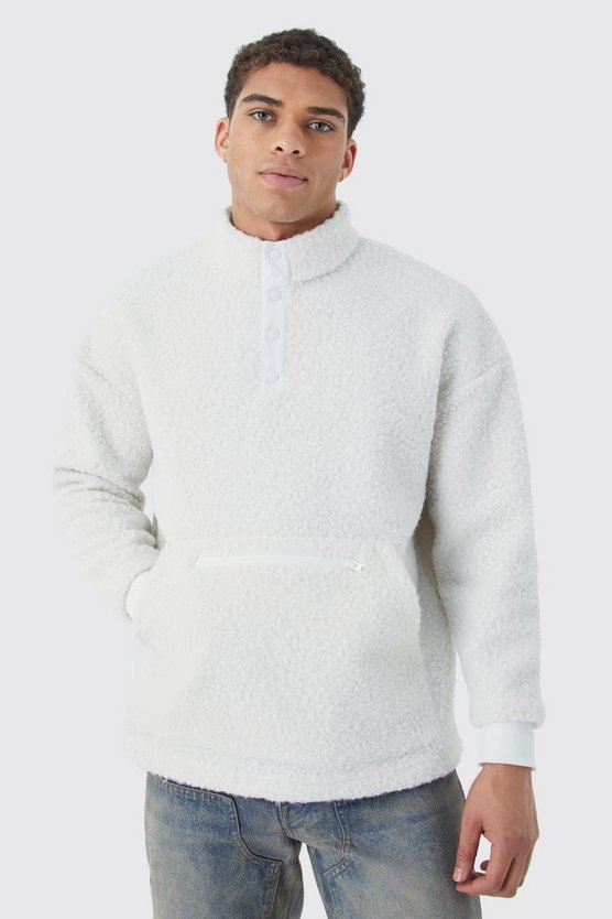 Oversize Bouclee Sweatshirt mit 1/4 Knöpfen und Trichterkragen