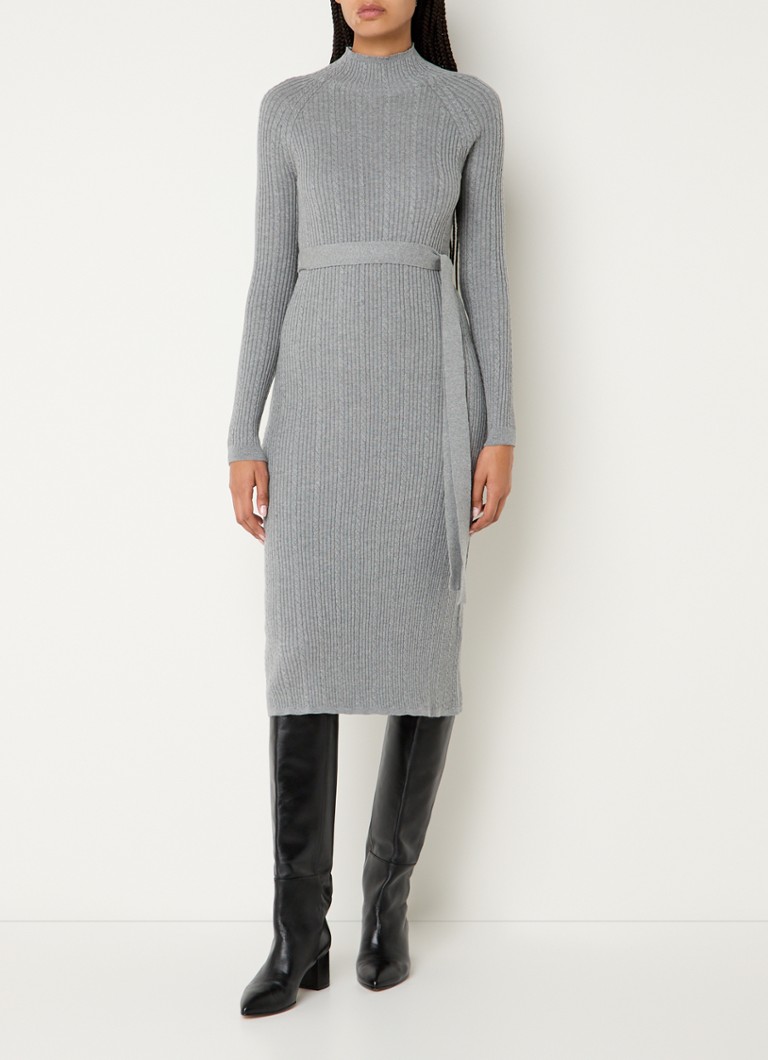 LKBennett West ribbed knit midi sheath dress in wool blend with tie belt