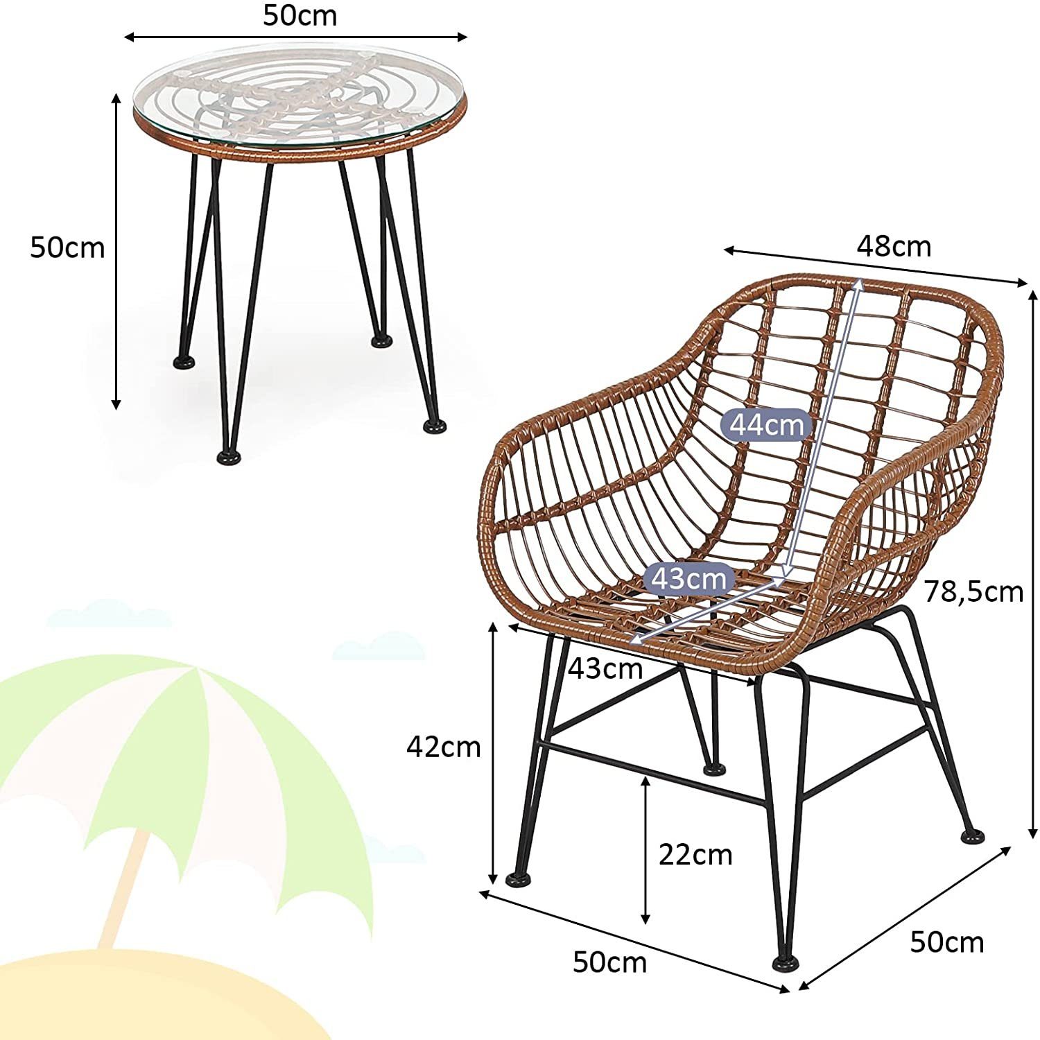 KOMFOTTEU Bistrostuhl 3-teiliges Gartenmöbel-Set, mit 2 Korbsesseln