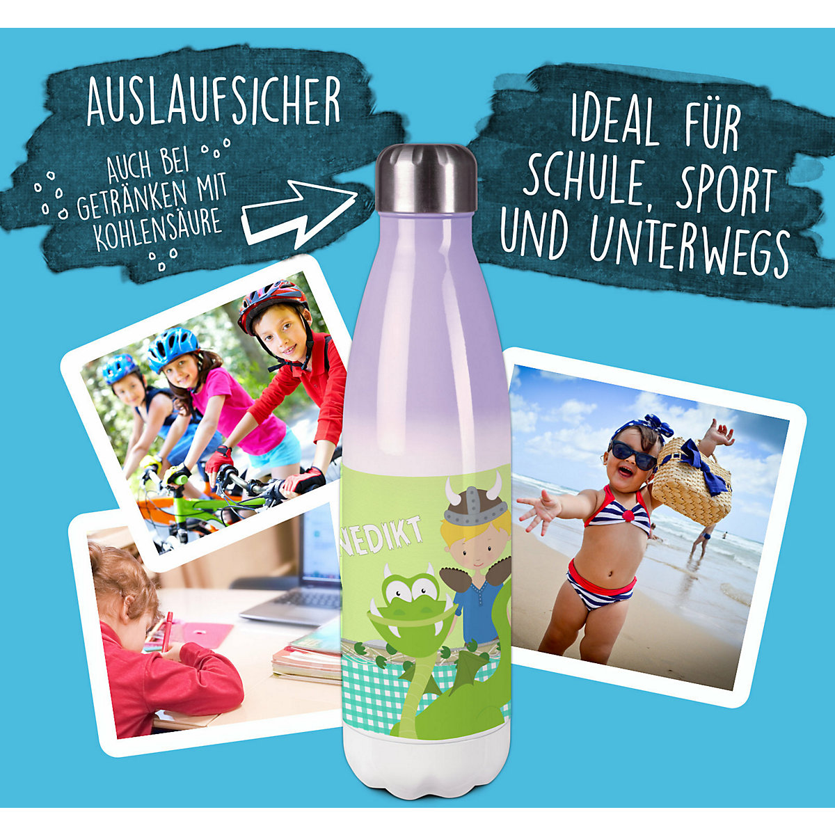 Edelstahl Kinder Thermoflasche / Trinkflasche bunt Wikinger Spülmaschinenfest, Auslaufsicher, Bruchfest, Doppelwandig, Für Heißgetränke geeignet, Mit Deckel, Isoliert