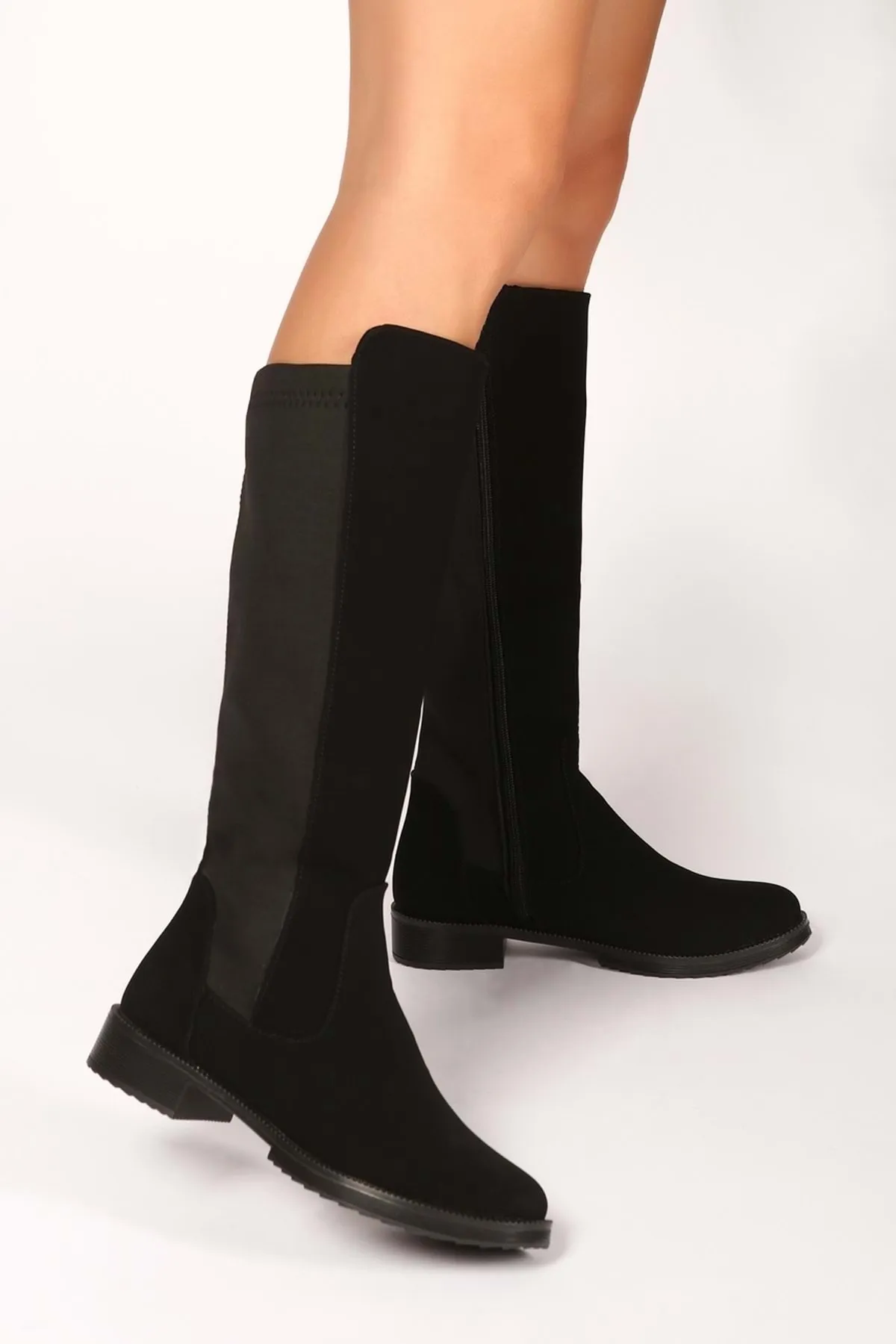 Shoeberry  Damen Ellen Black Nubuck Elastic Boots Schwarzes Nubuk