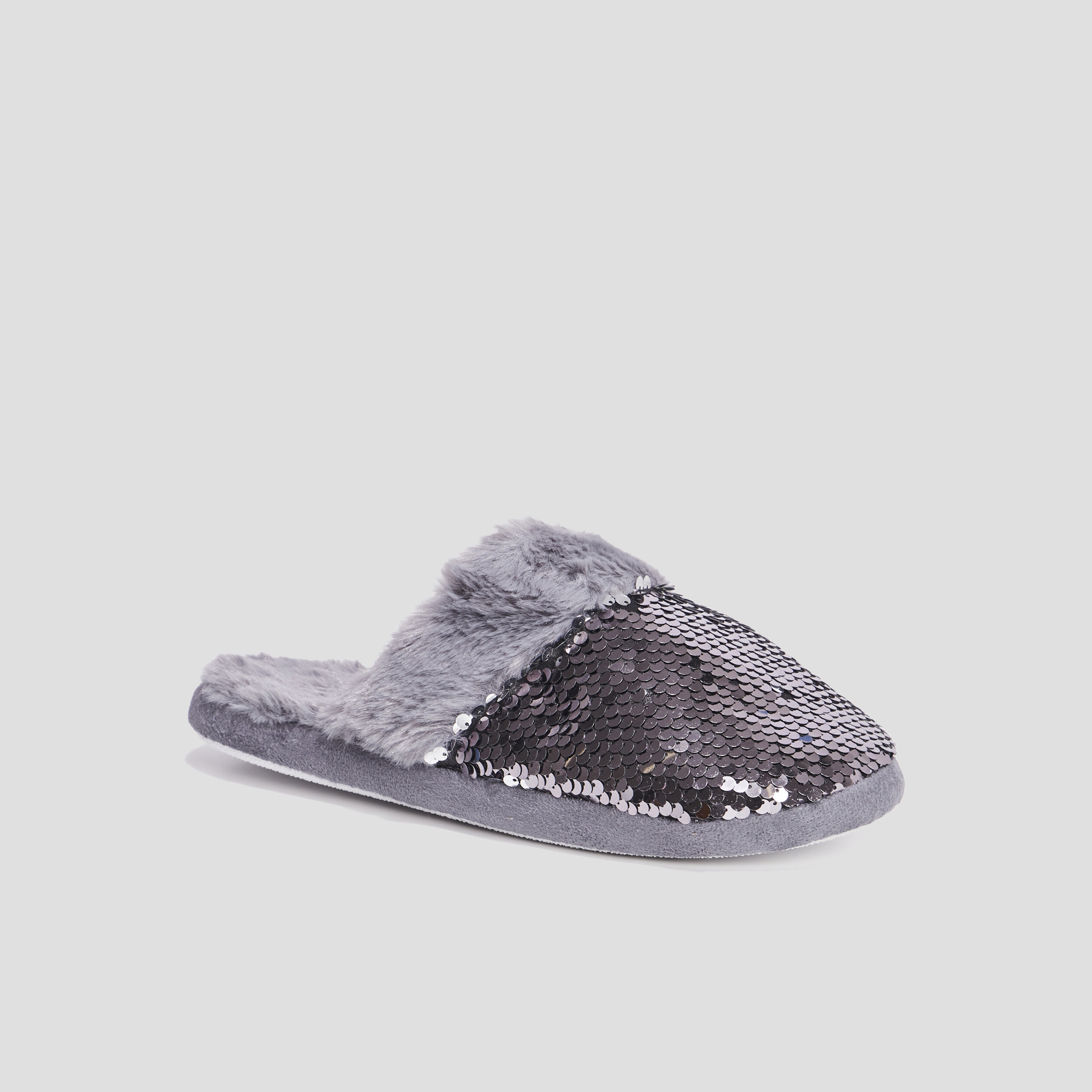 Chaussons mules sequins et fourrure gris femme | La Halle