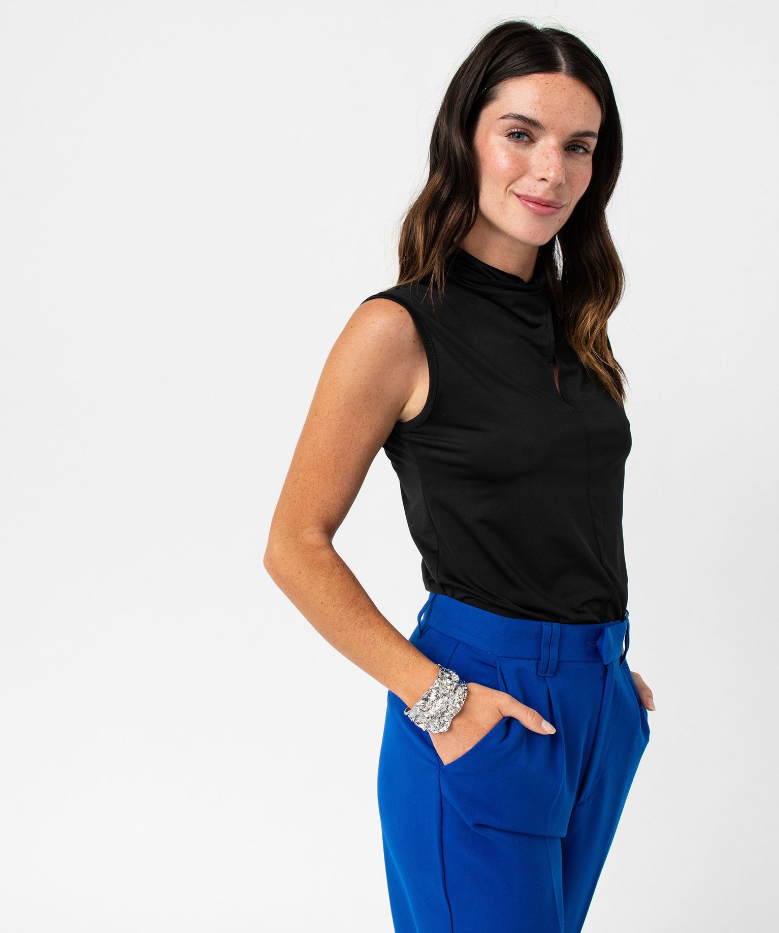 Débardeur décolleté fantaisie en matière extensible sati... noir | GEMO
