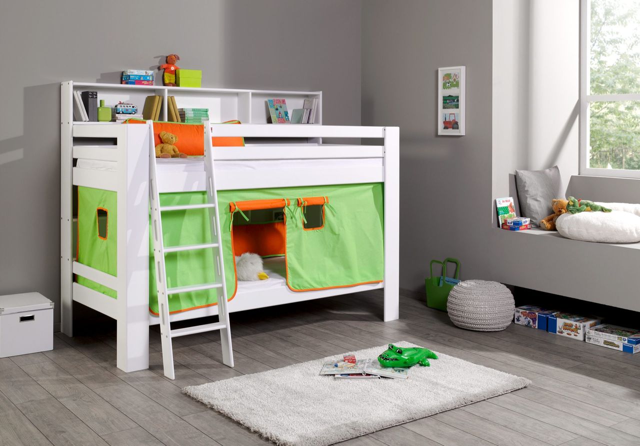 Relita Etagenbett Jan mit Bücherregal und Vorhang grün/orange