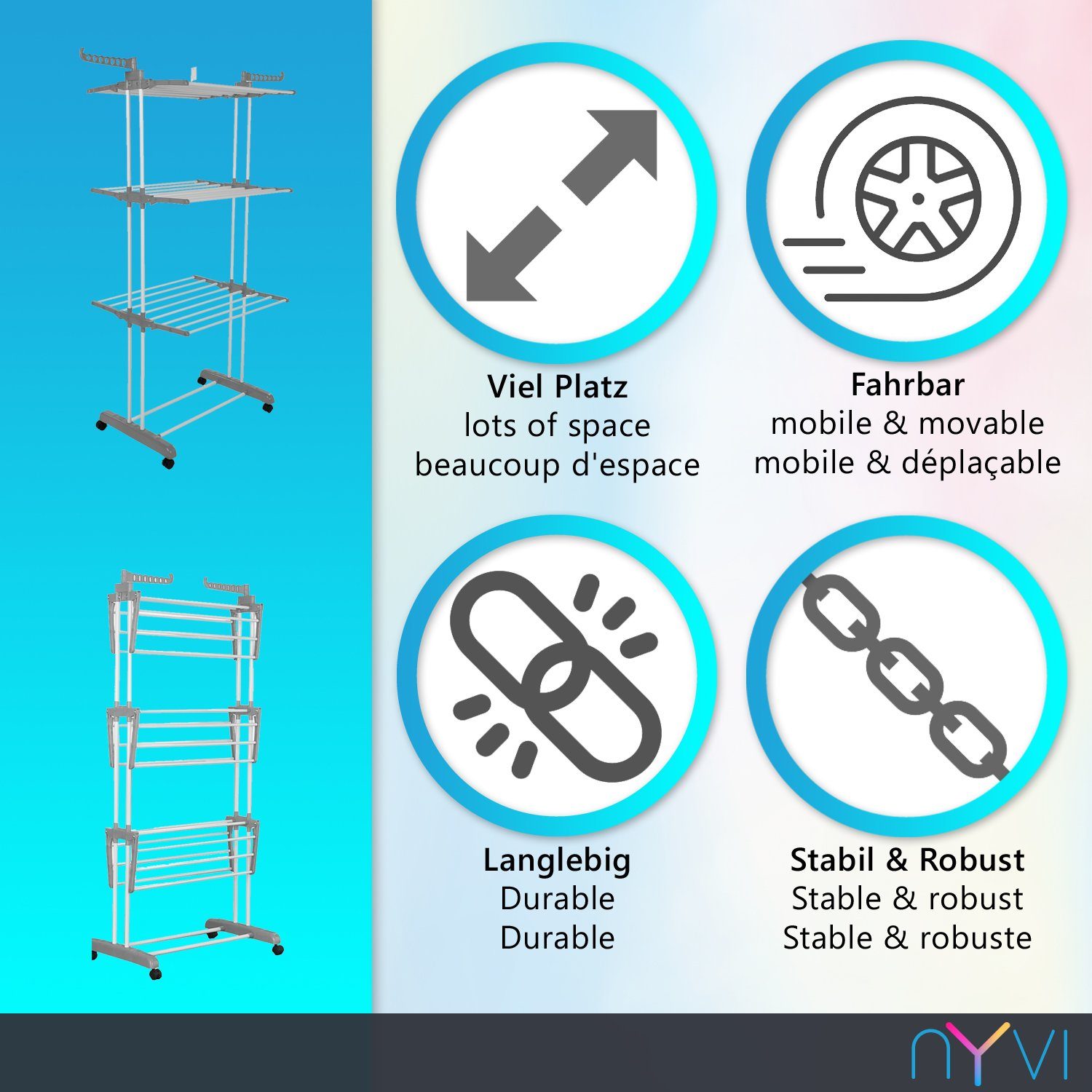 NYVI Turmwäscheständer Wäscheständer Turm LaundryFlex Turmwäscheständer Extra Groß & Stabil, Robuster Edelstahl Platzsparend Einklappbar 360° Räder 50Kg Tragkraft