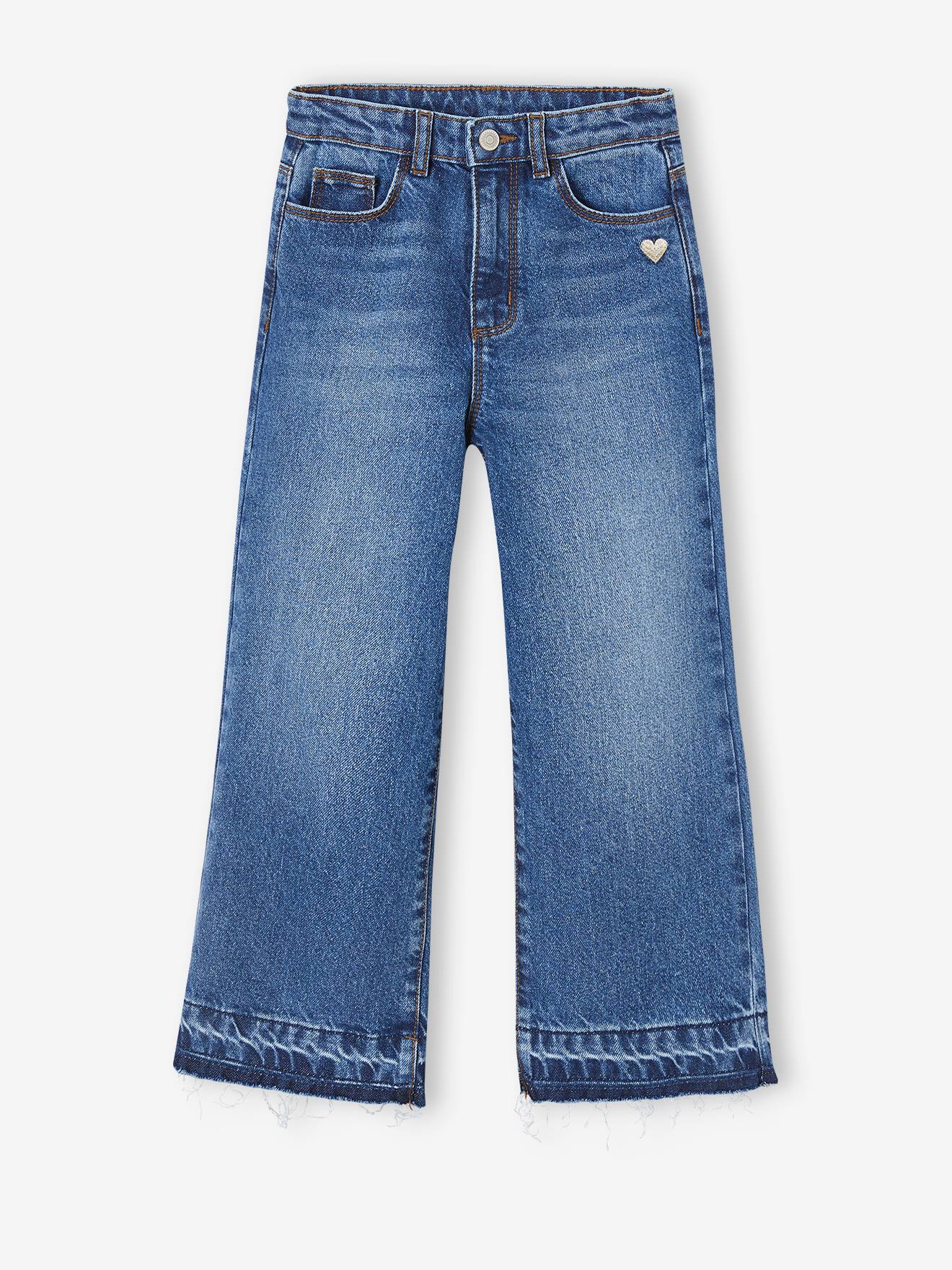 Jean large fille bas effiloché denim bleached
