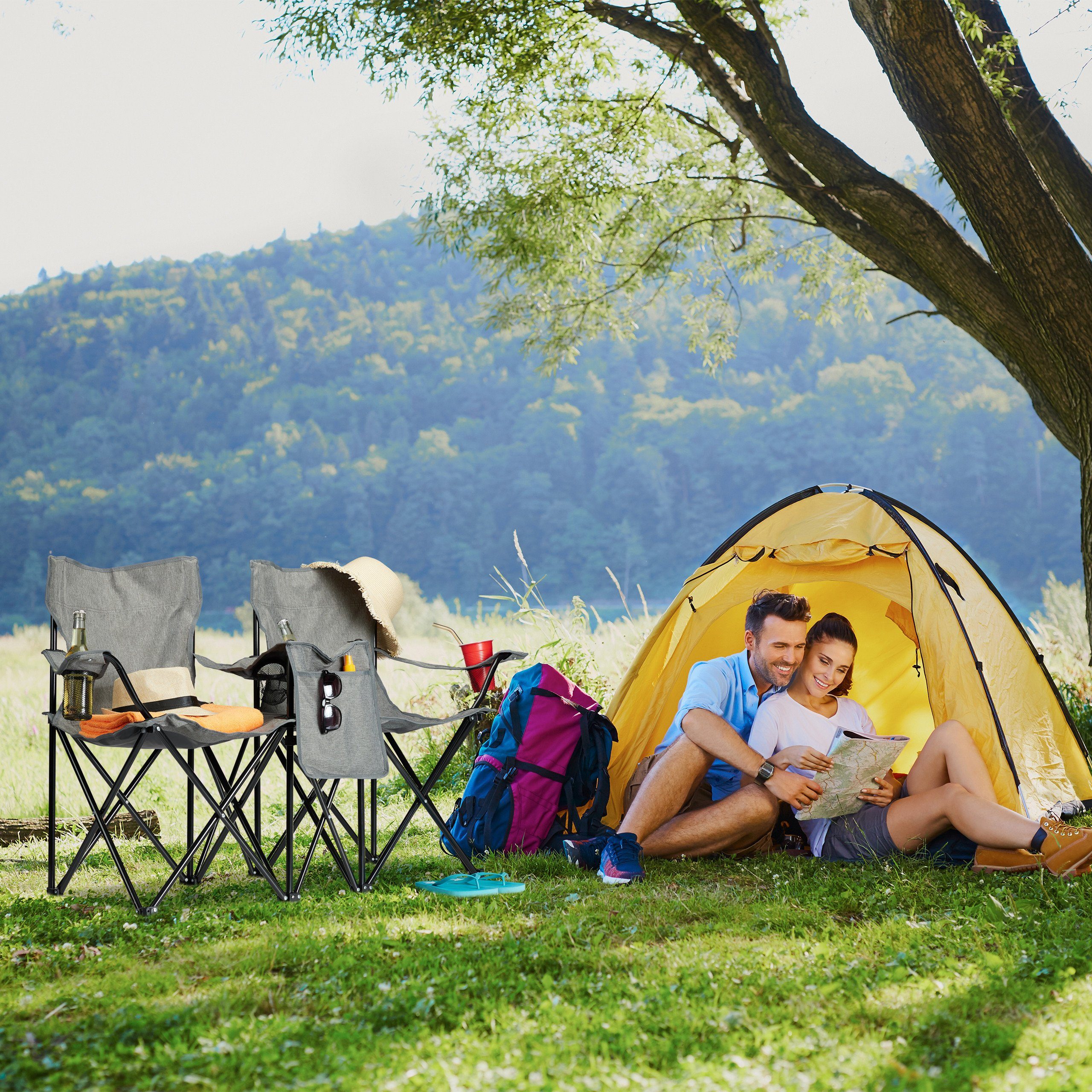relaxdays Campingstuhl Doppel Campingstuhl mit Getränkehaltern, Grau