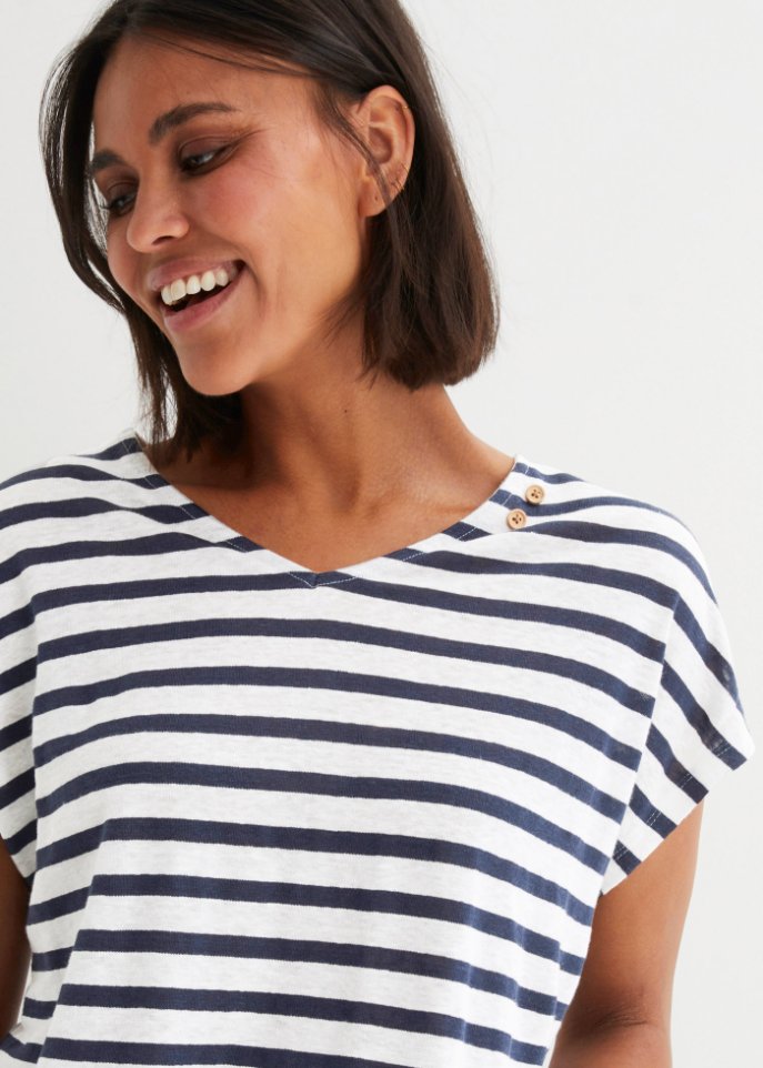 Leinen-Shirt mit Fledermausärmeln und V-Ausschnitt