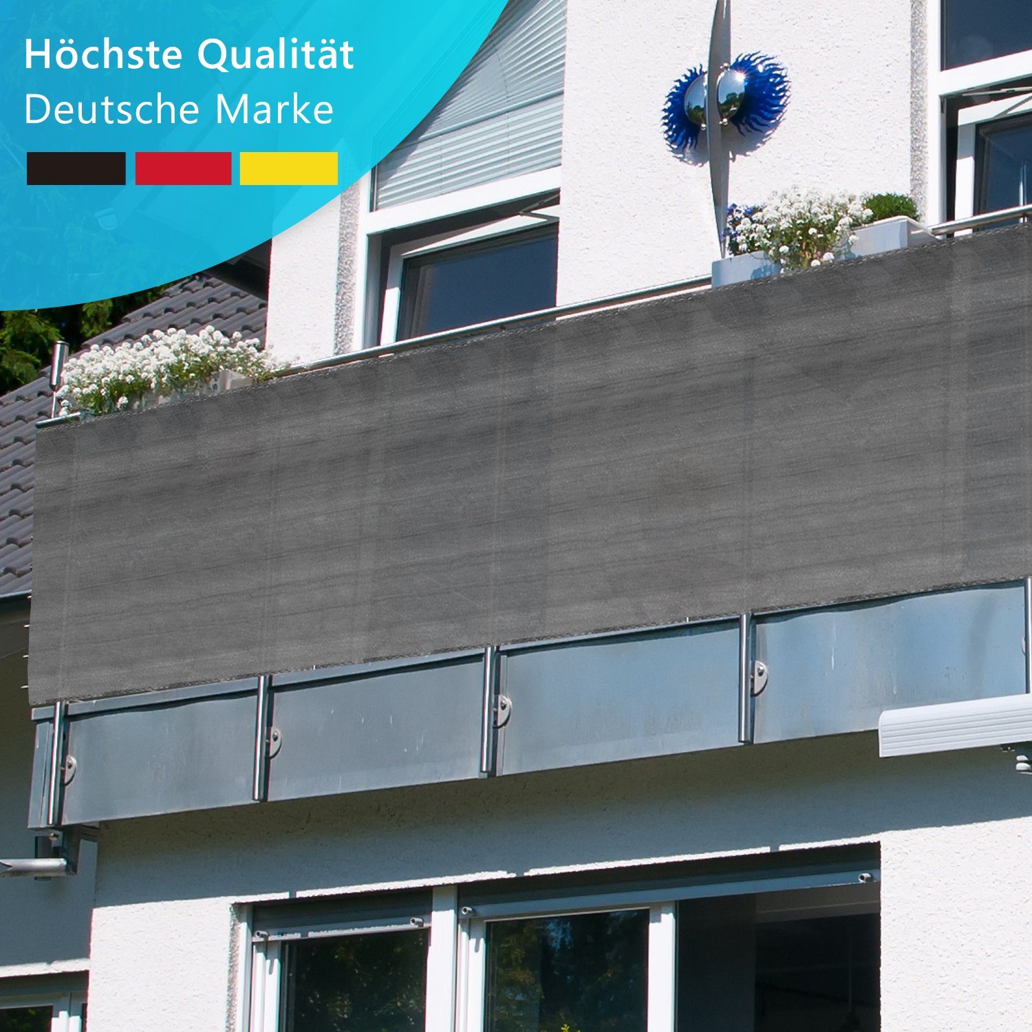 NYVI Balkonsichtschutz Balkon Sichtschutz ViewCover 90x500 cm - Ohne Bohren & Wetterfest HDPE (1-St) Balkonbespannung, Sichtschutz & Windschutz für Balkon, Terrasse, Zaun