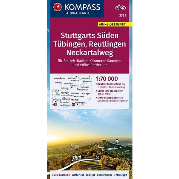 KOMPASS Fahrradkarte Stuttgarts Süden, Tübingen, Reutlingen, Neckartalweg 1:70.000, FK 3331 - Fahrradkarte