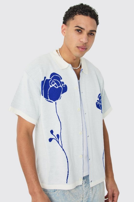 Kastiges Jacquard-Hemd mit Rosen-Detail