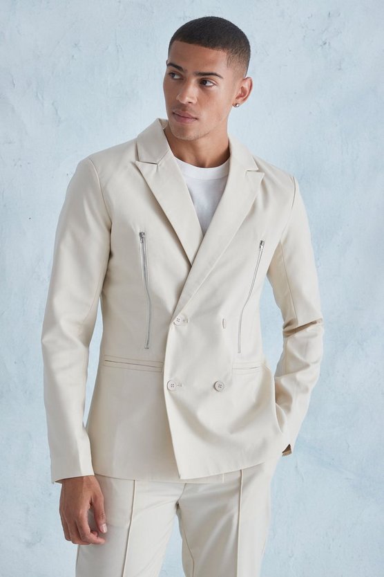 Zweireihige Slim-Fit Jacquard Anzugjacke mit Reißverschluss