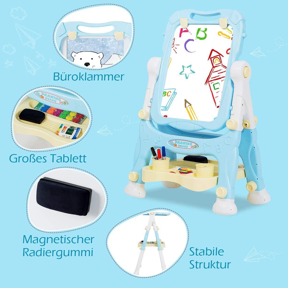 COSTWAY Standtafel, 2 in 1 Whiteboard & Kreidetafel, höhenverstellbar