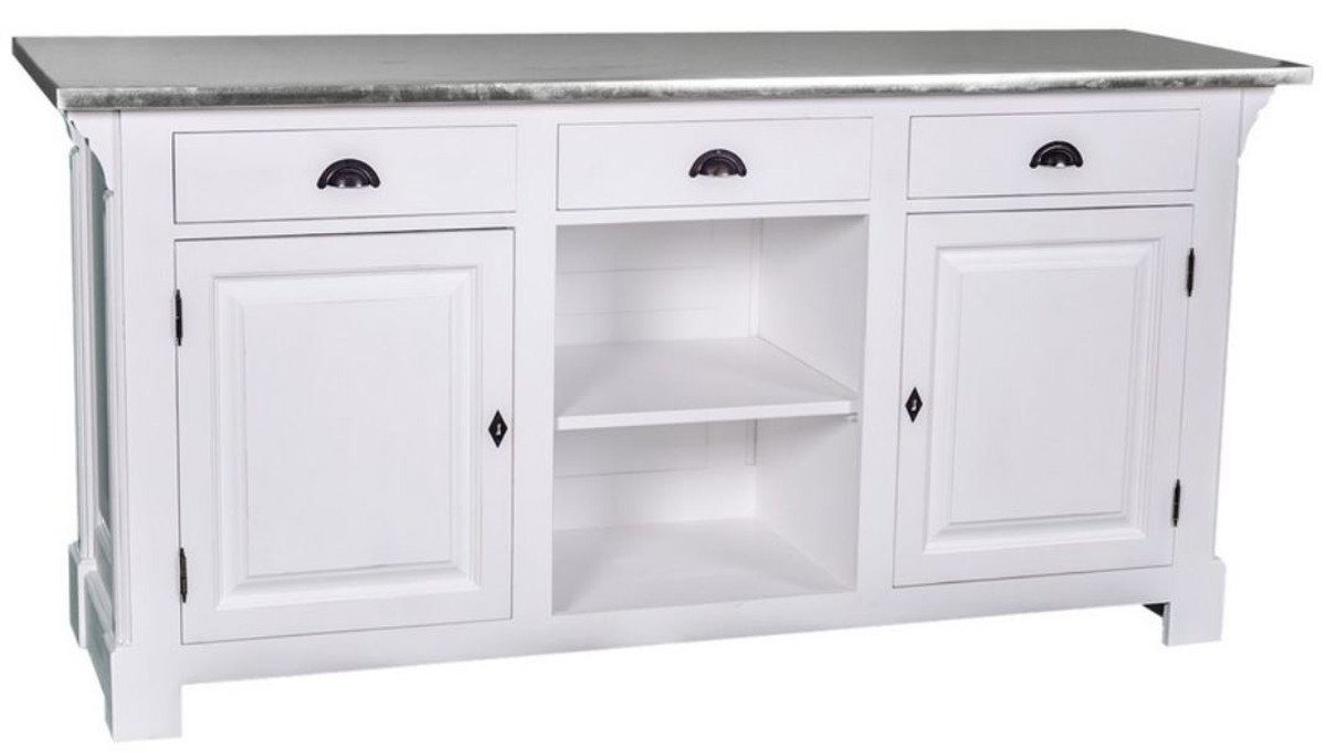 Casa Padrino Barschrank Landhausstil Theke Weiß / Silber 191 x 68 x H. 95 cm - Massivholz Thekentisch mit verzinkter Tischplatte