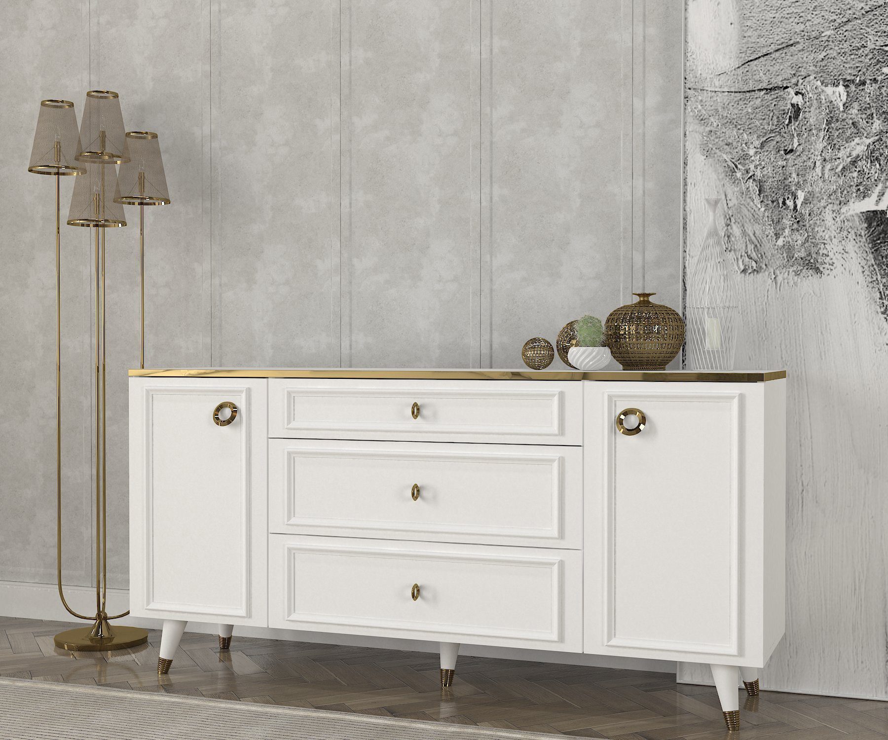 moebel17 Anrichte Sideboard Cornelia Weiß, Pflegeleichte Oberfläche, Sideboard mit Spiegel, Bietet viel Stauraum