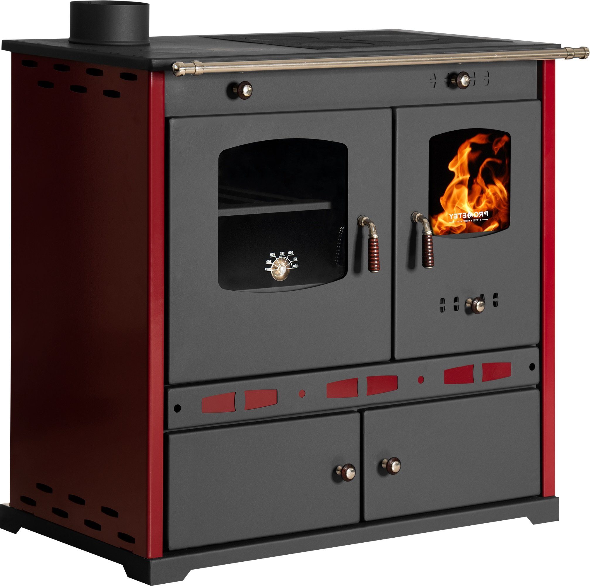 Prometey Festbrennstoffherd Küchenofen Perfect ECO LUX bordeaux, linke Version, 7,40 kW