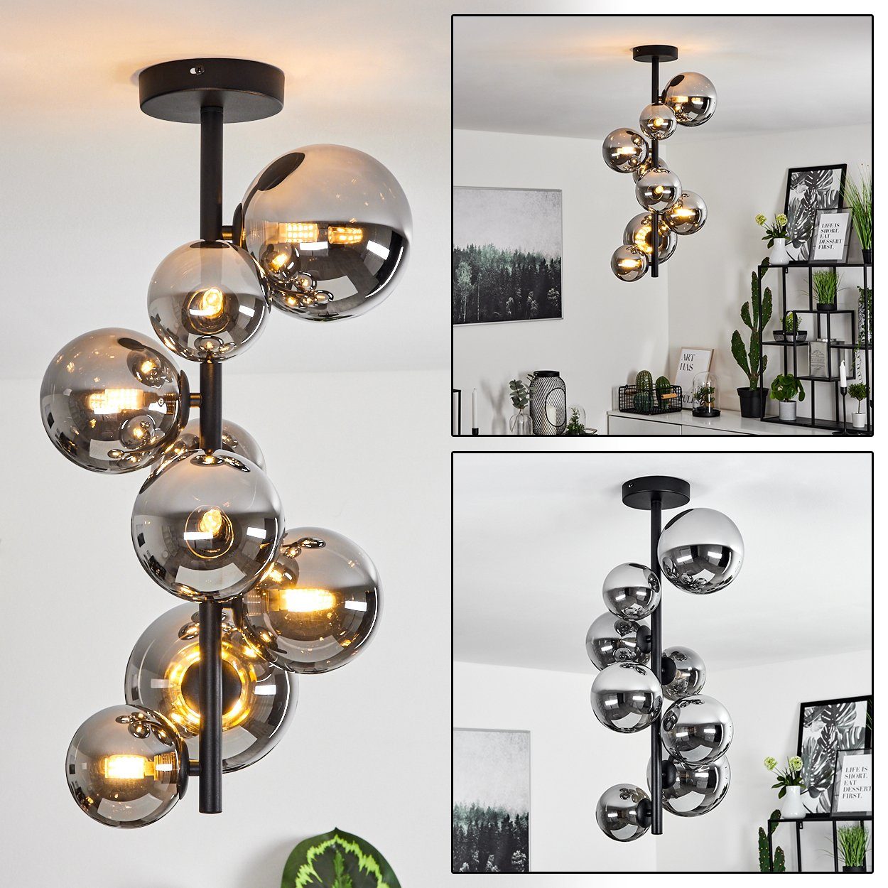 hofstein Deckenleuchte Isorella moderne Deckenlampe aus Metall/Glas in Schwarz/Rauchfarben, ohne Leuchtmittel, Leuchte im Retro/Vintage-Design mit Schirmen aus Rauchglas, 8xG9 LED