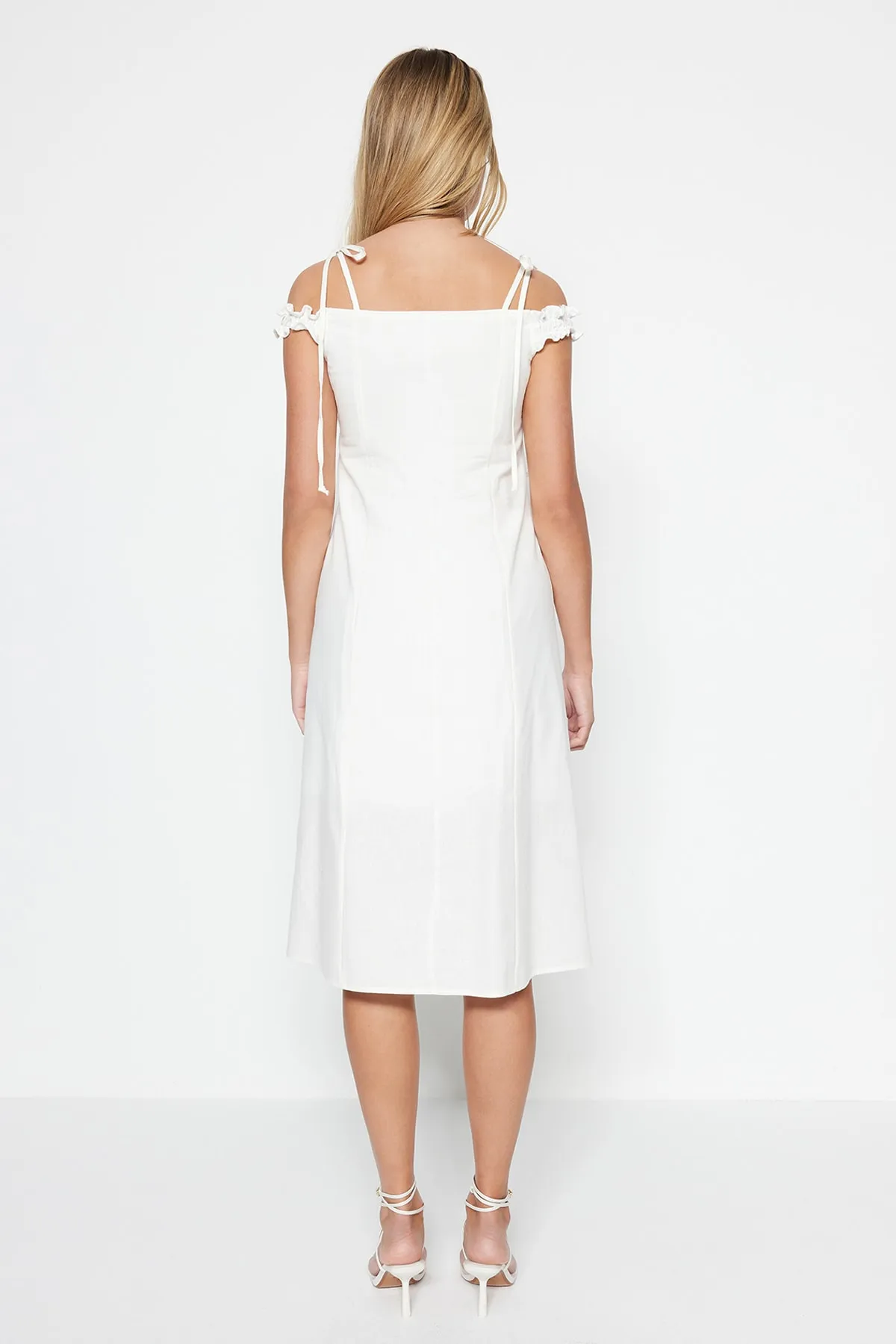 Trendyol Collection  Ecru Tall A-Cut Midi Woven Carmen Collar Woven Dress TWOSS22EL00357