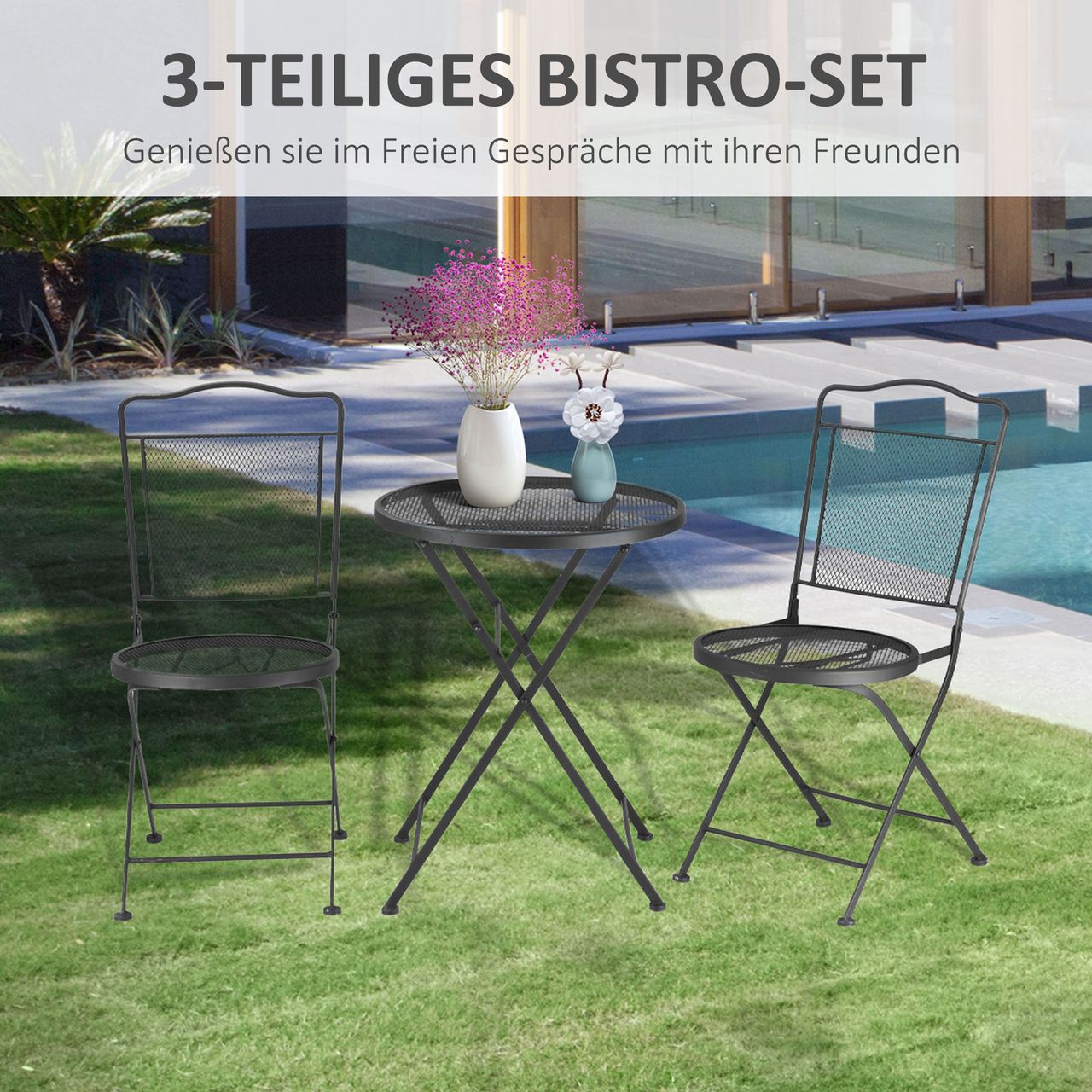 Outsunny Sitzgruppe 3-teilige Essgruppe Bistro-Set Gartenmöbel-Set Balkonmöbel Set 1 Tisch 2 Stühle mit Schirmloch Terrasse Metall Schwarz