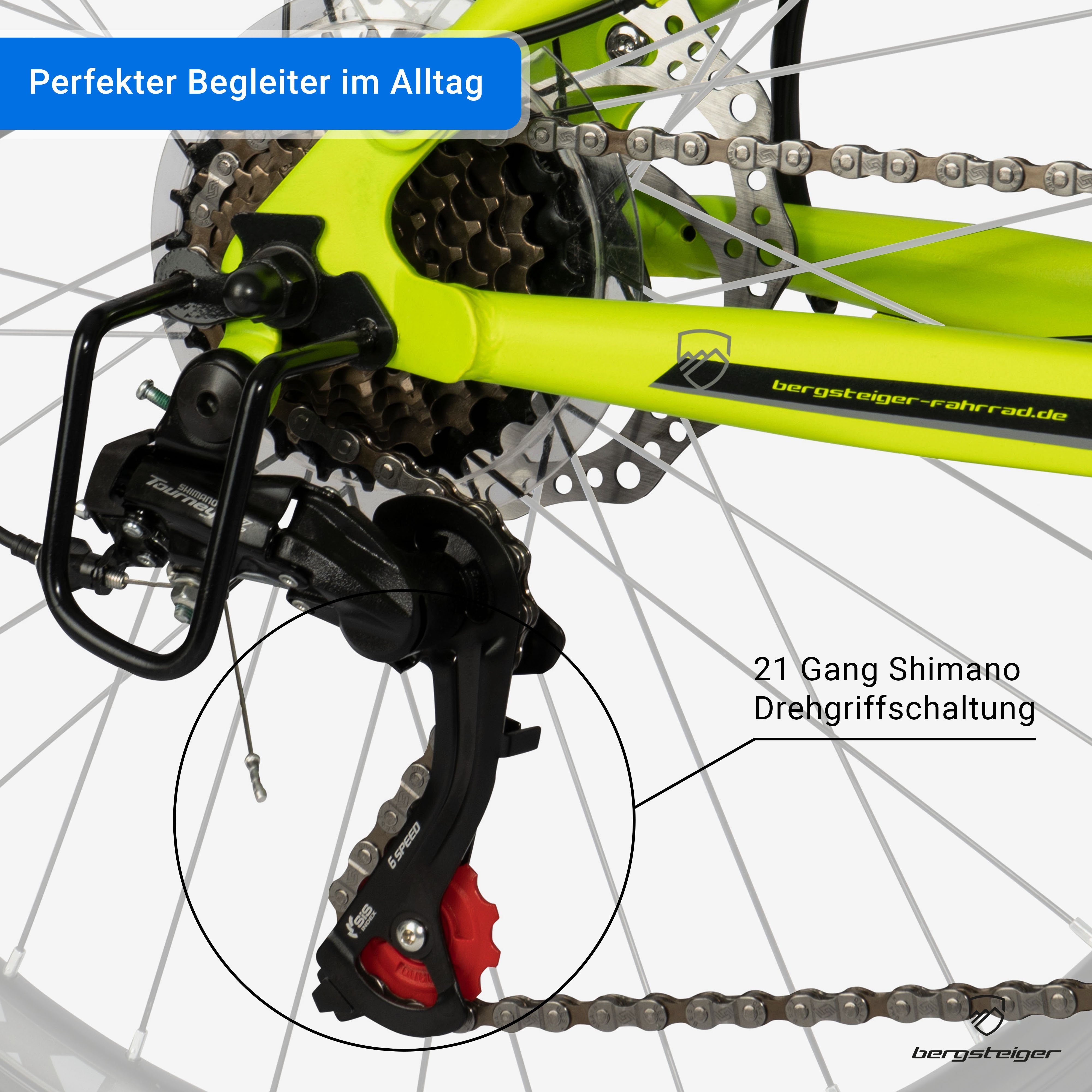 bergsteiger Kinderfahrrad Bergsteiger Broome 24, 26 Zoll, 21 Gang Shimano Shimano Tourney Schaltung Schaltwerk, Kettenschaltung
