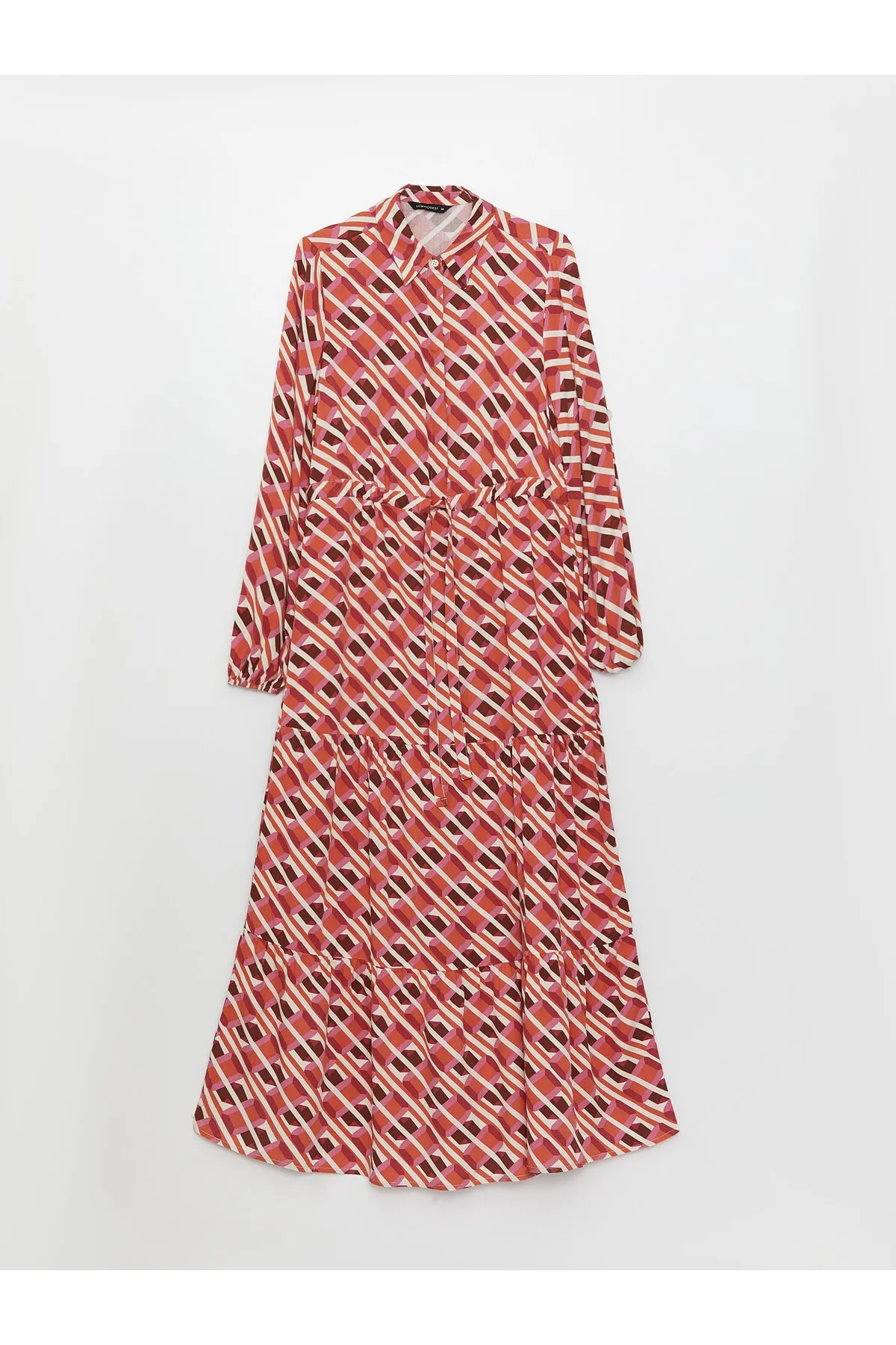 LC Waikiki  Gemustertes Langarm-Damenkleid mit Hemdkragen