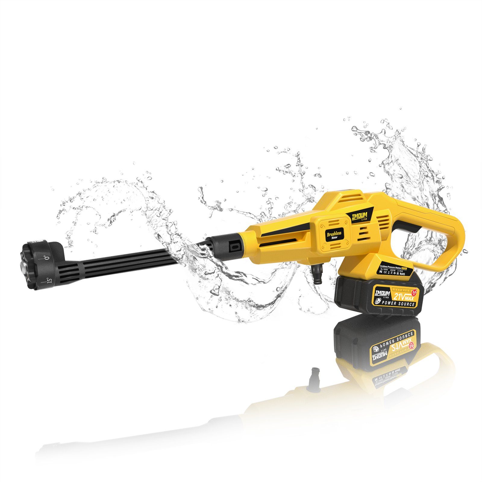 IMOUMLIVE Akku-Hochdruckreiniger Kabelloser Akku-Hochdruckreiniger 950 PSI, 6-in1 Düse, 21V, 3Ah 55Wh, Druck max: 65,5 bar, Fördermenge max: 120 l/h