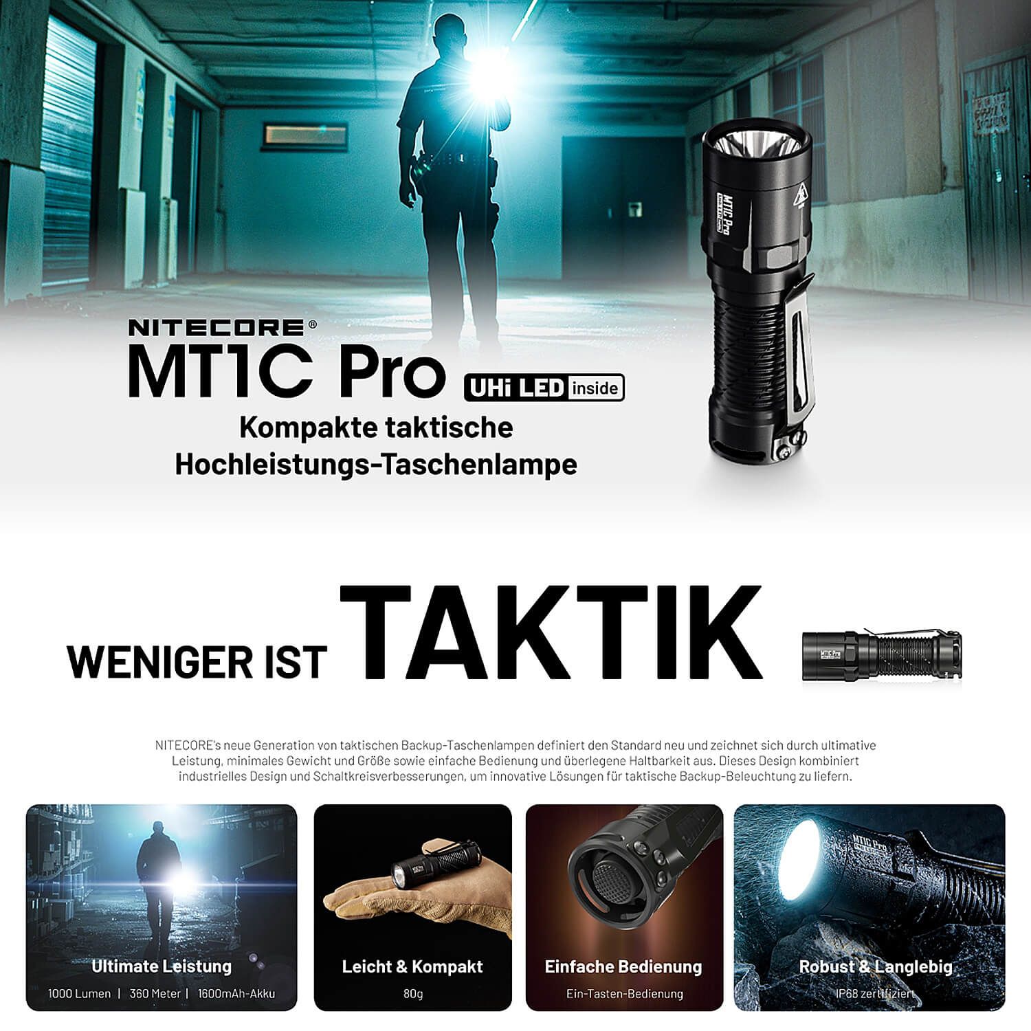 Tactical LED Taschenlampe MT1C Pro - 1000 Lumen