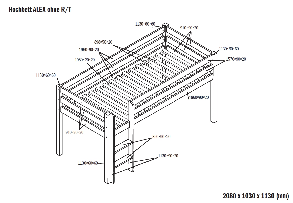 Relita Halbhohes Spielbett ALEX Buche massiv natur lackiert mit Stoffset blau/delfin