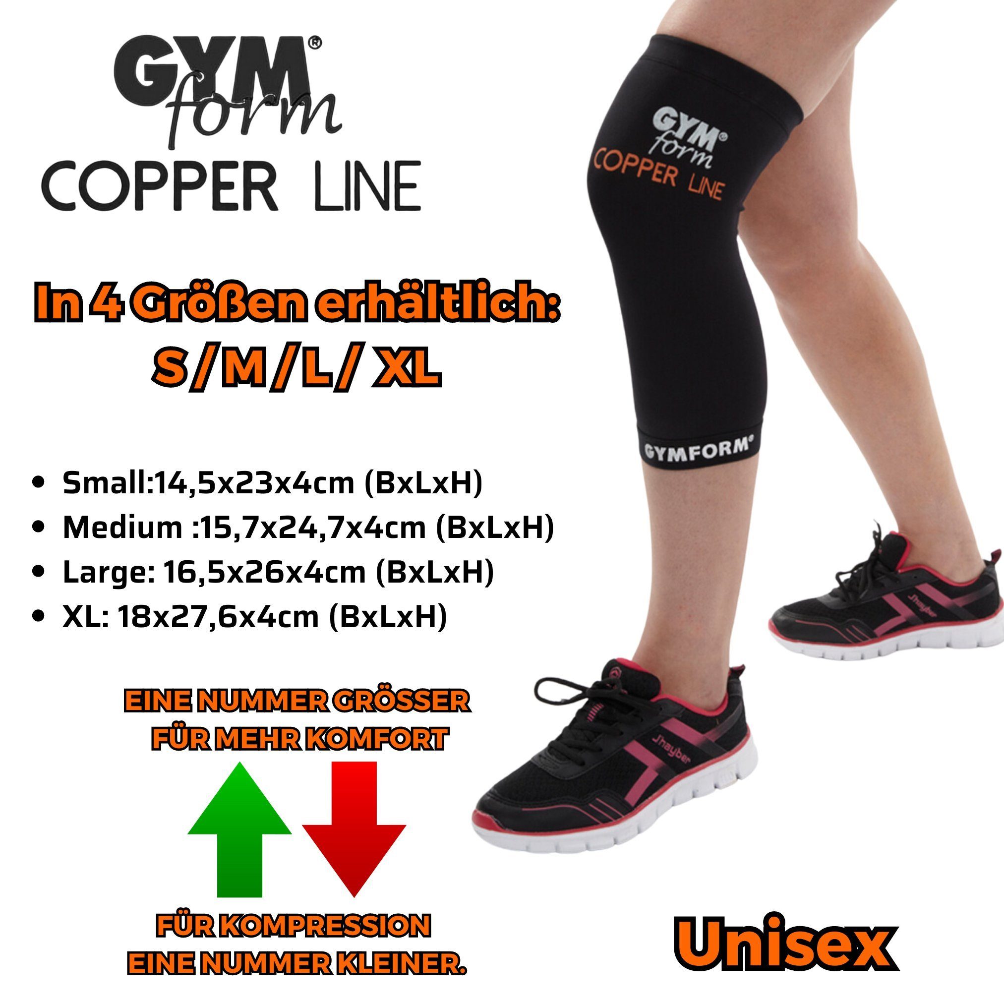 Gymform® Kniebandage Copper Line - Knee Sleeve (1-tlg., in 4 Größen - S, M, L, XL), Kniestütze - Kompressions Bandage aus Kupferfasern, atmungsaktiv