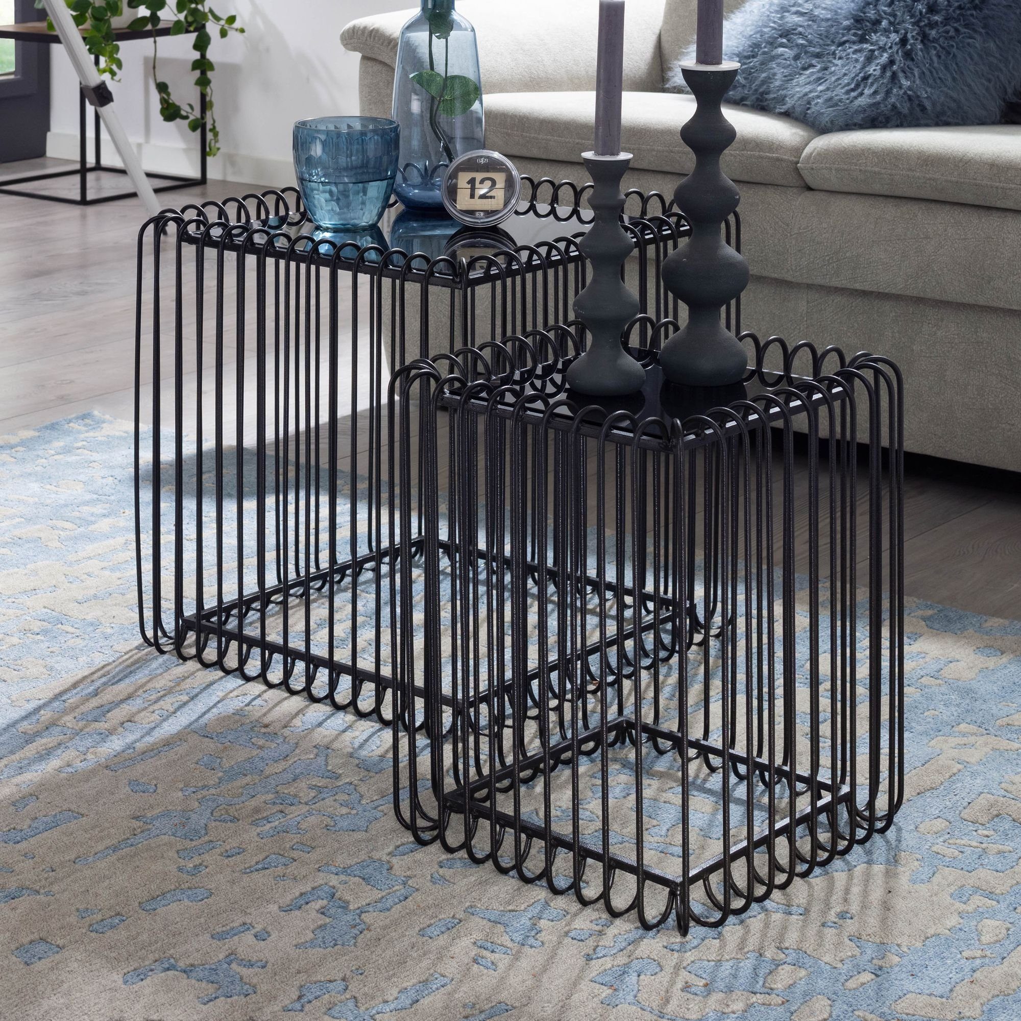 FINEBUY Satztisch FB82285 (Beistelltisch 2er Set Schwarz, Sofatisch Glas), Wohnzimmertisch Metall, Couchtisch Quadratisch