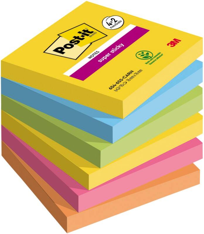Post-it Carnival Collection Haftnotizen 76 x 76 mm Blau, Gelb, Grün, Orange, Rosa Rechteckig Blanko Vorteilspackung 4   2 Gratis