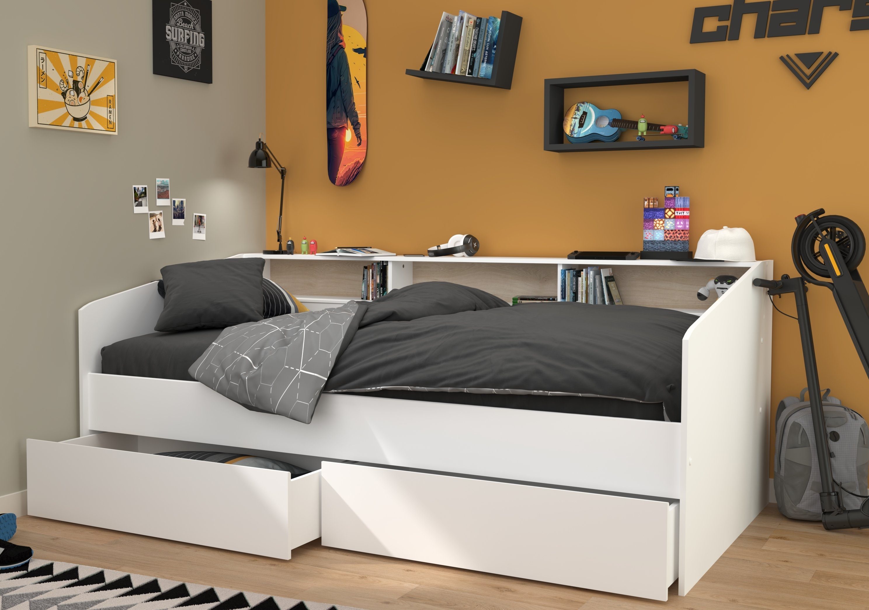 Parisot Jugendzimmer-Set Sleep, (Komplett Set, 1-St., in verschiedenen Zusammenstellungen wählbar), Rückwände drehbar - Weiss oder Eiche, inkl. Bettschubkästen