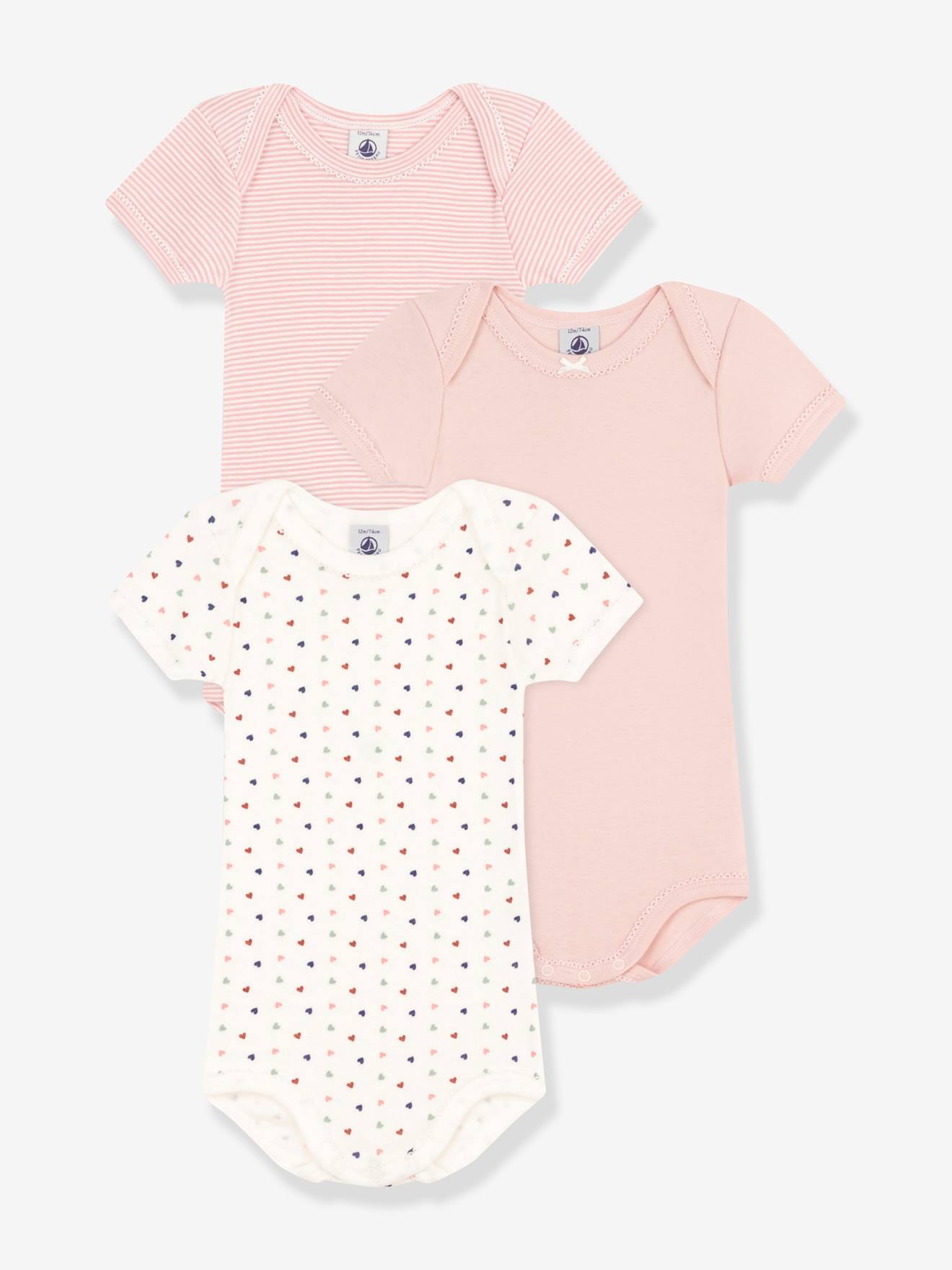 Petit Bateau 3er-Pack Baby Kurzarm-Bodys PETIT BATEAU, Mini-Herzen - altrosa