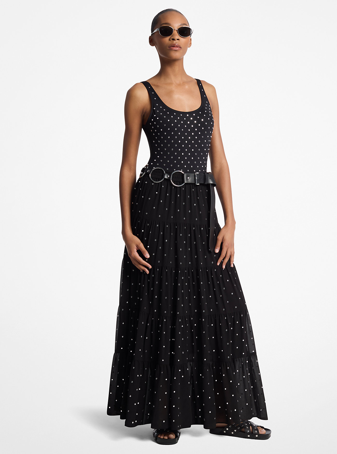 Studded Georgette Tiered Maxi Skirt - BLACK