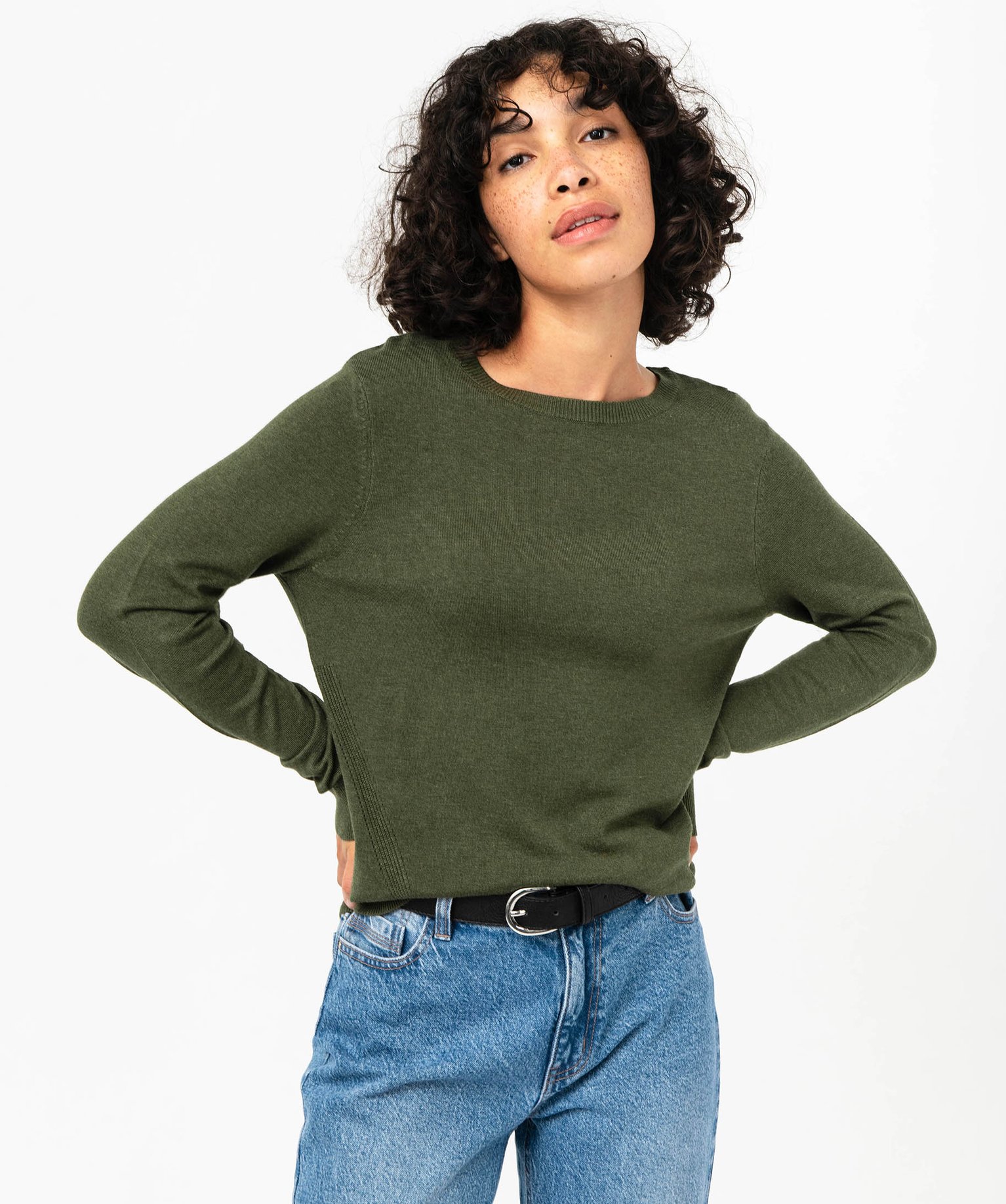 Pull à col rond en maille fine femme kaki | GEMO