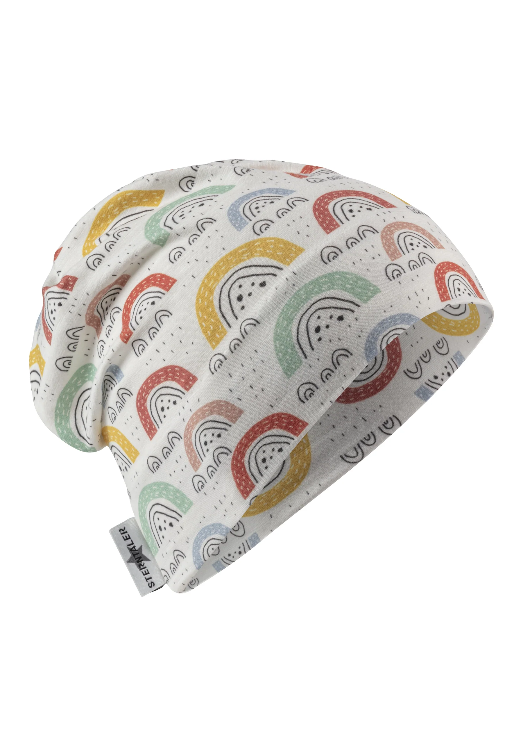 Beanie bedruckt mit bunten Regenbögen in ecru