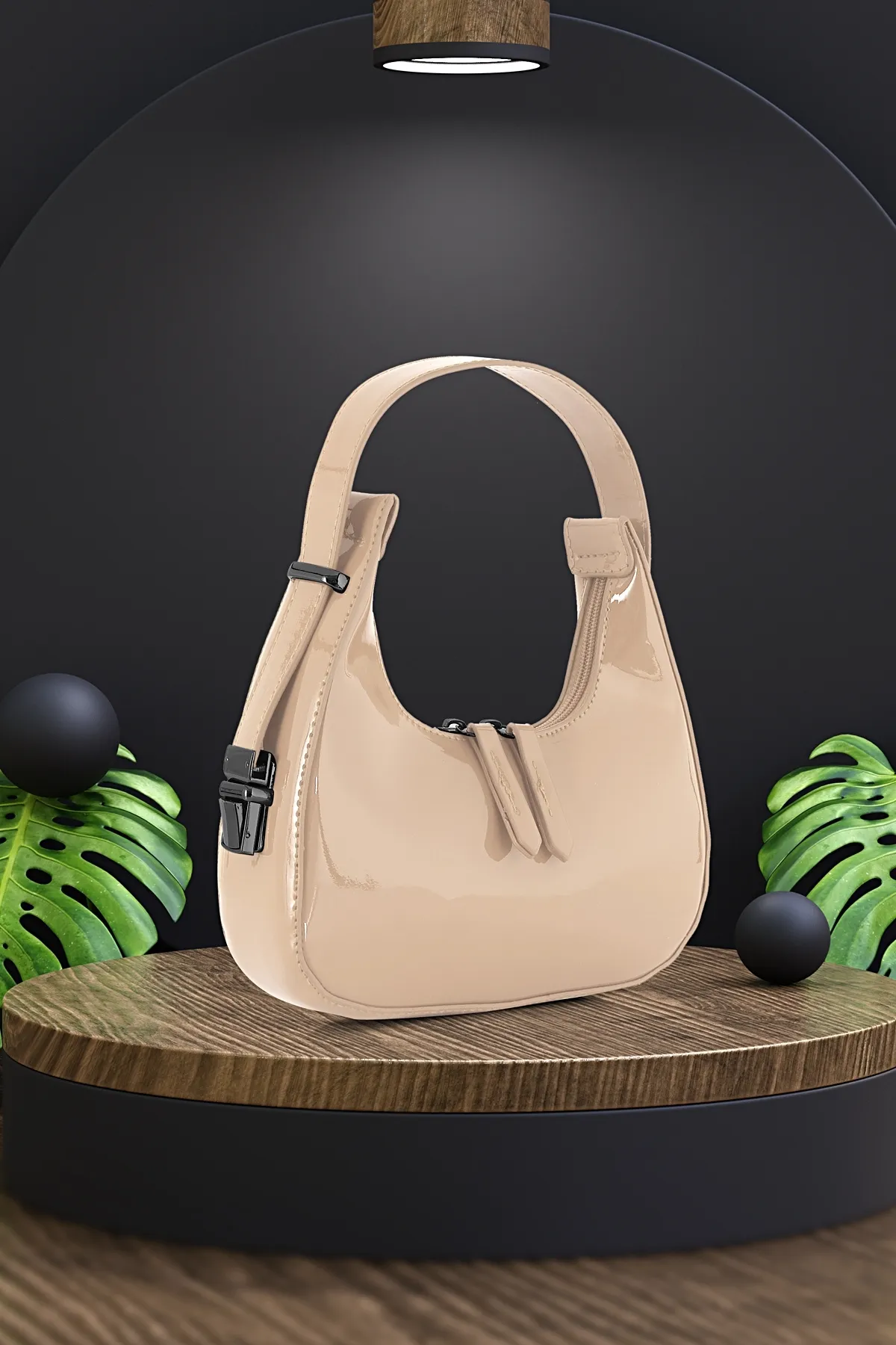 Tonny Black  Original neue Saison glänzendes Lackleder-Baguette-Modell, einäugige, stilvolle Handtasche und Umhängetasche, Nerz
